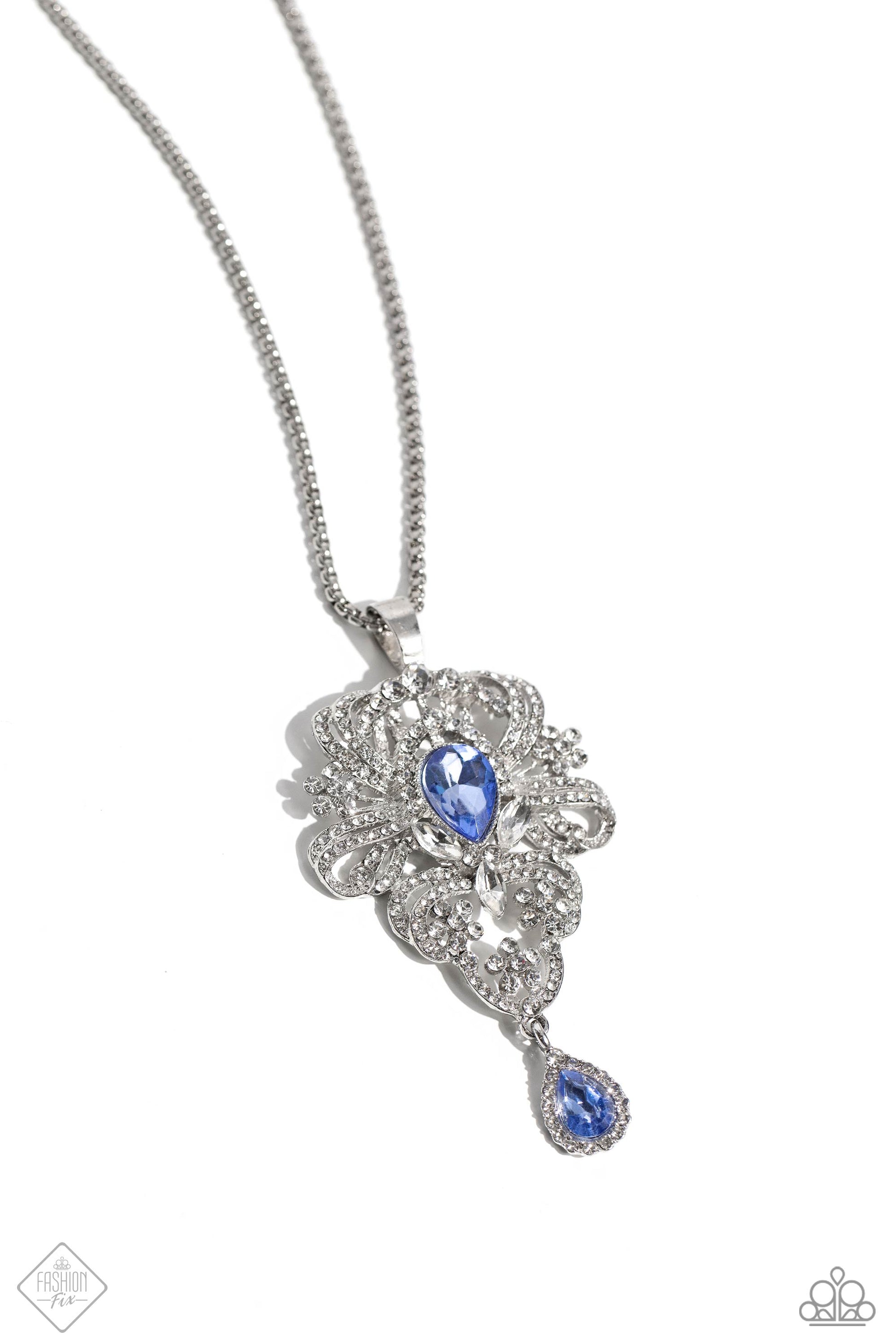 Elegance Personified - Blue and Silver Necklace - Paparazzi Accessories - Gliding along a silver box chain, a decorative, chandelier-like pendant stands out below the neckline. The decorative frame swirls with dainty white rhinestones, white marquise-cut gems, and an upside-down blue gem for a timelessly over-the-top sparkle. Bordered by glassy white rhinestones, an upright, smaller blue teardrop gem creates a dainty fringe at the bottom of the frame for an additional pop of elegant color.