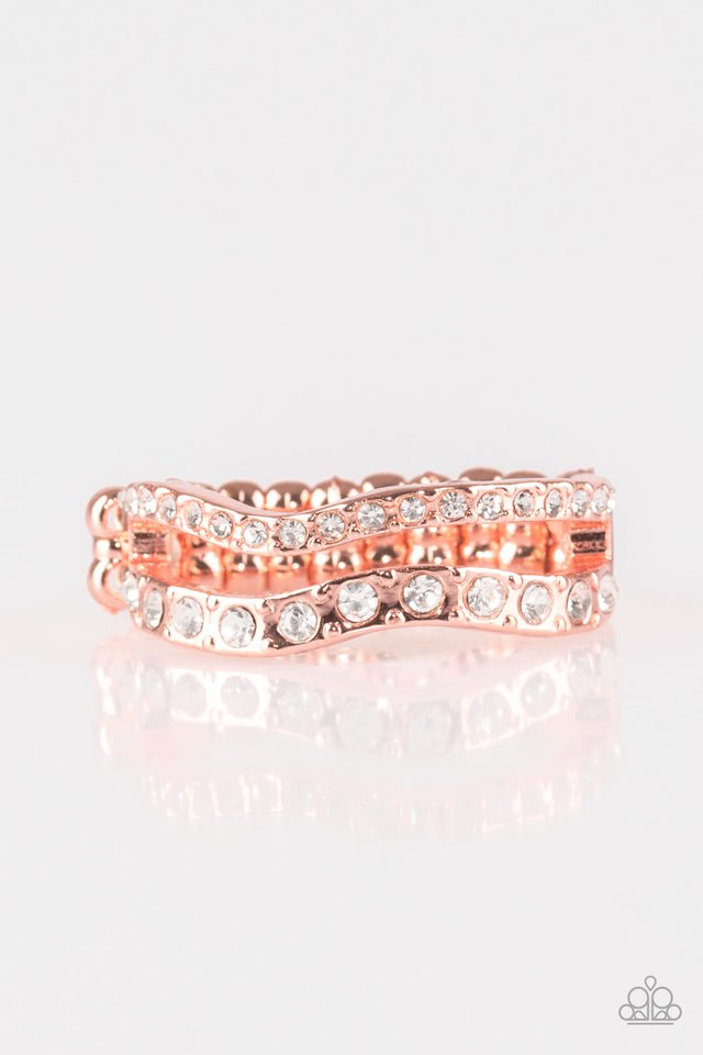 Elite Squad - Copper Ring - Paparazzi Accessories - Glittery white rhinestones are encrusted along waving shiny copper bands for a refined look. Features a dainty stretchy band for a flexible fit. Sold as one individual ring.