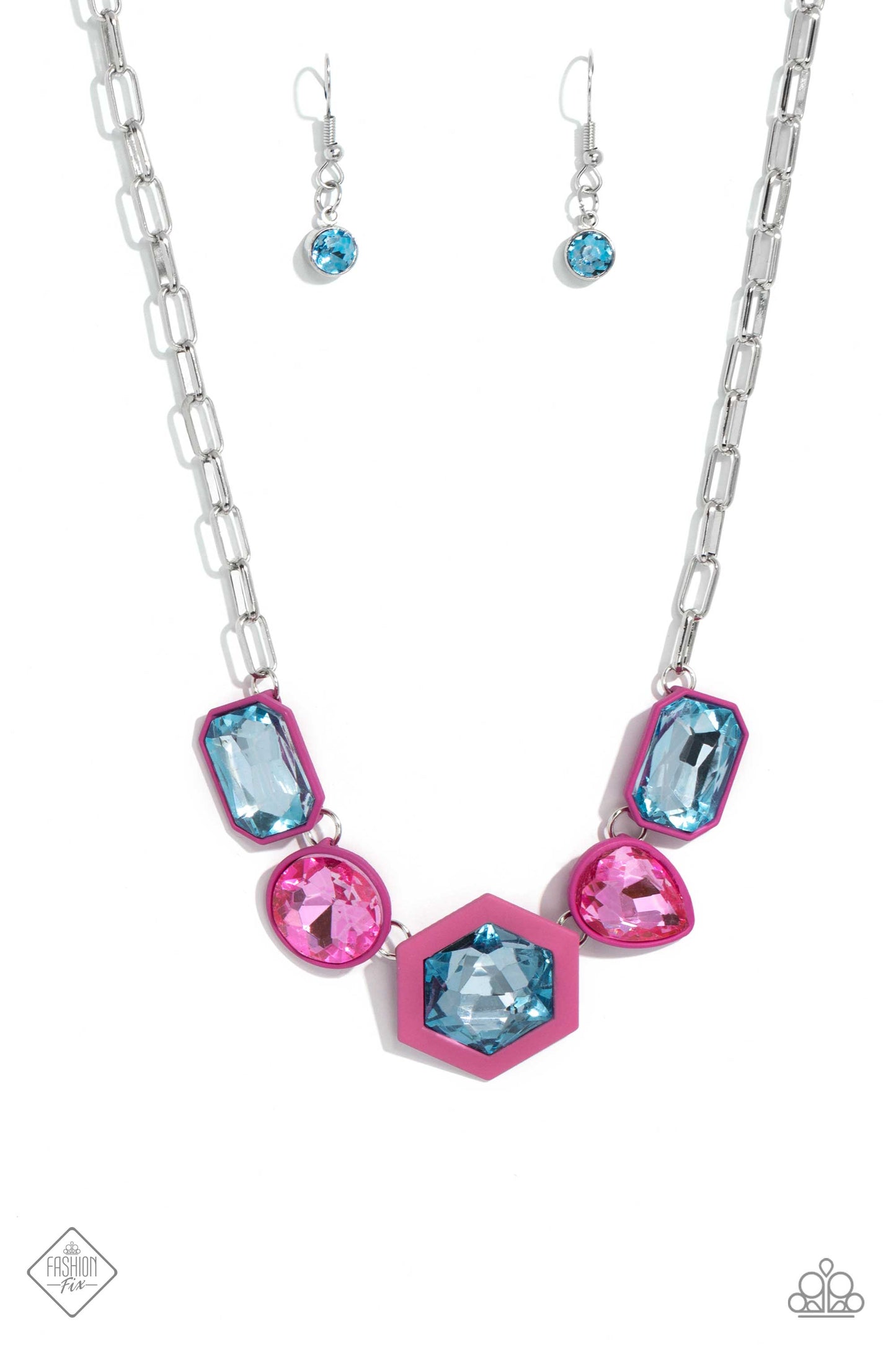 Evolving Elegance - Pink and Blue Necklace - Paparazzi Accessories - Featuring a unique rubber-like backdrop in a vibrant hue of Rose Violet, a collection of oversized gems in light blue and bright pink links below the collar on a silver paperclip chain for a jaw-dropping statement.
