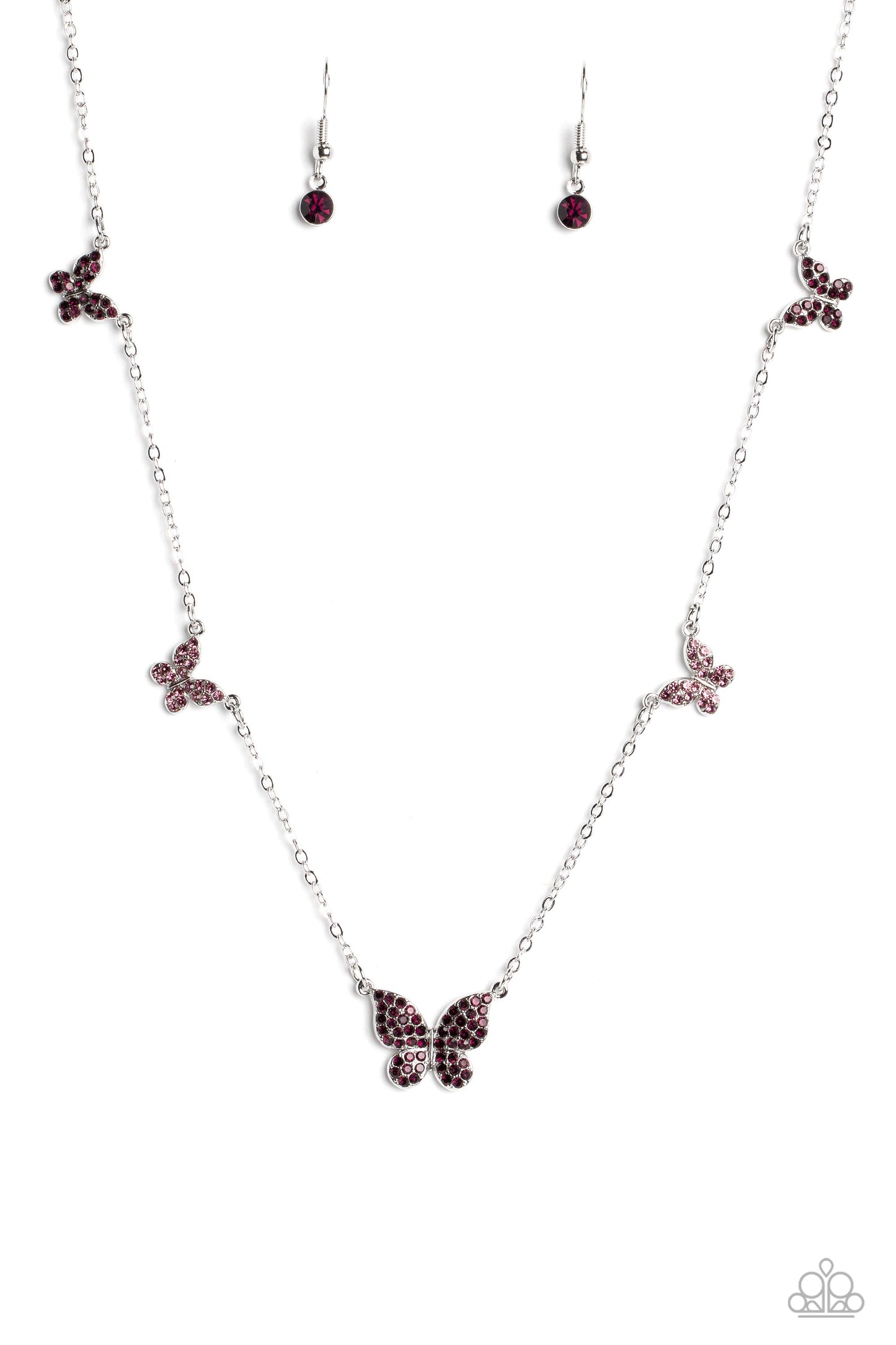 FAIRY Special - Purple Butterfly Necklace - Paparazzi Accessories - Floating along a dainty silver chain, a collection of silver butterflies in varying sizes coalesces around the neckline for a whimsical finish. Each butterfly features a monochromatic shimmer of amethyst and light amethyst rhinestones for a sparkly statement.