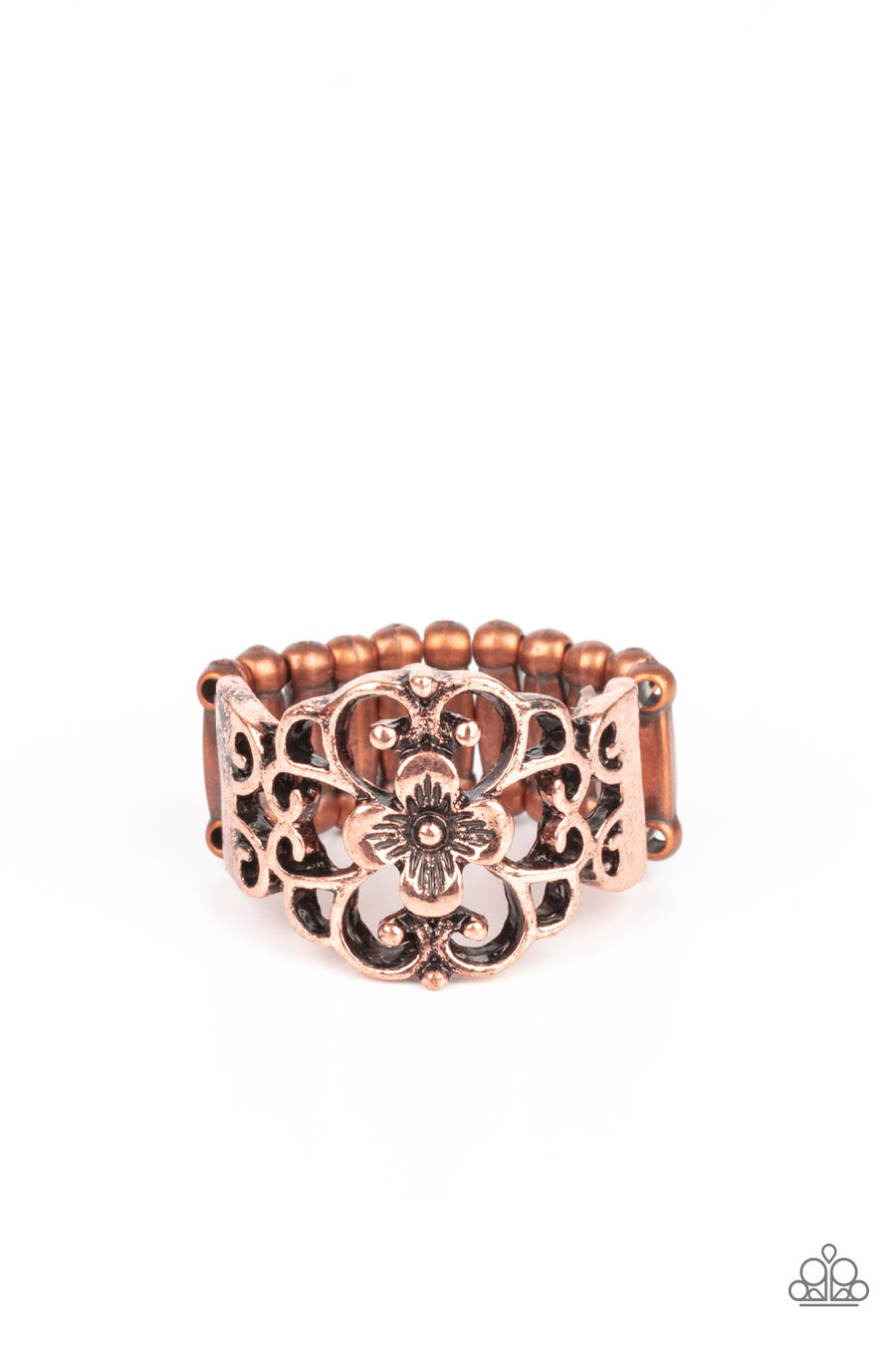 Fanciful Flower Gardens - Copper Ring - Paparazzi Accessories - Glistening copper filigree blooms from a shimmery floral center, creating a whimsical band across the finger. Features a stretchy band for a flexible fit. Sold as one individual ring.