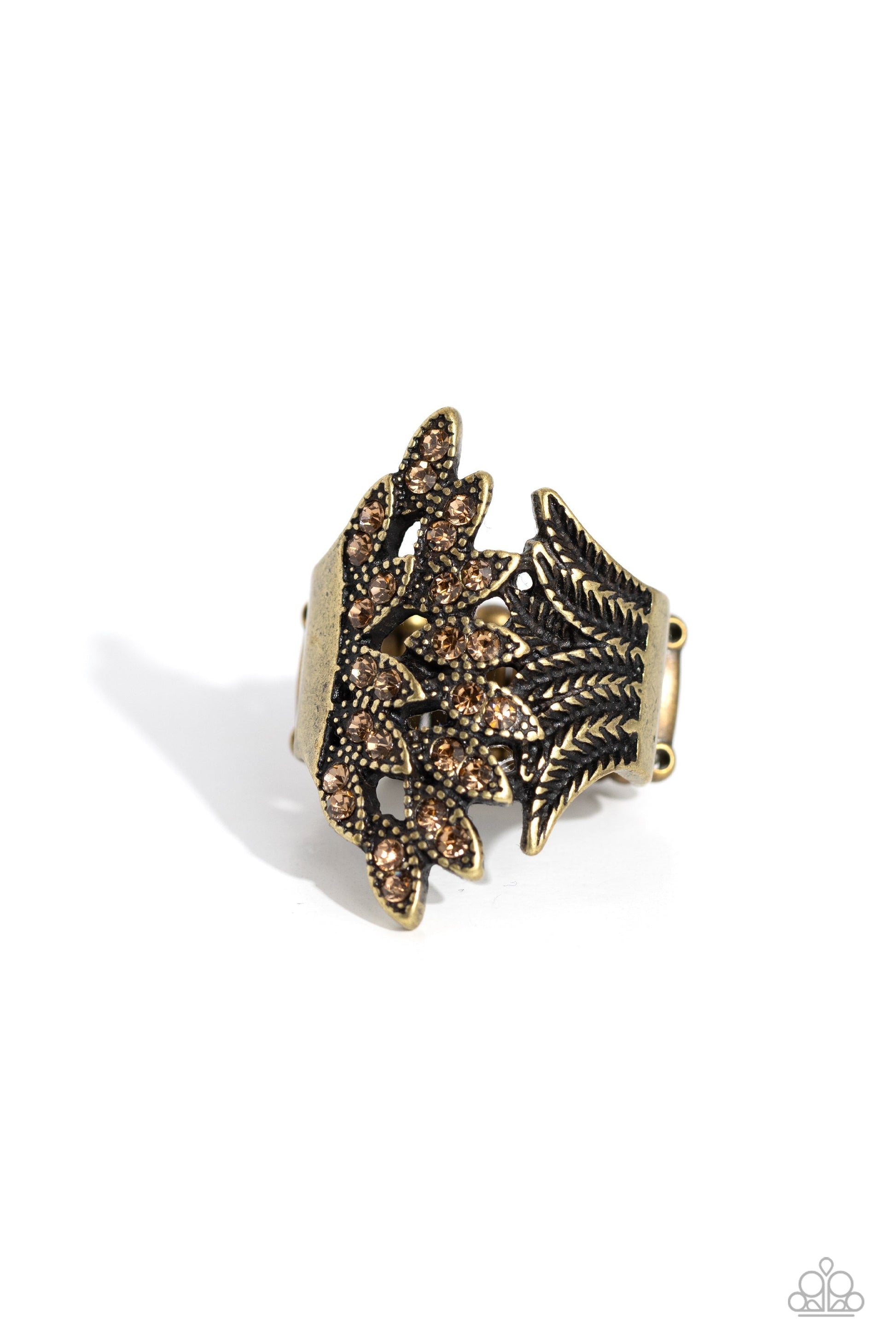 Fearlessly Feathered - Brass Topaz Rhinestone Ring - Paparazzi Accessories - Golden topaz rhinestone dotted frames delicately overlap with a fan of textured brass feathers, layering into a prismatic plume across the finger.