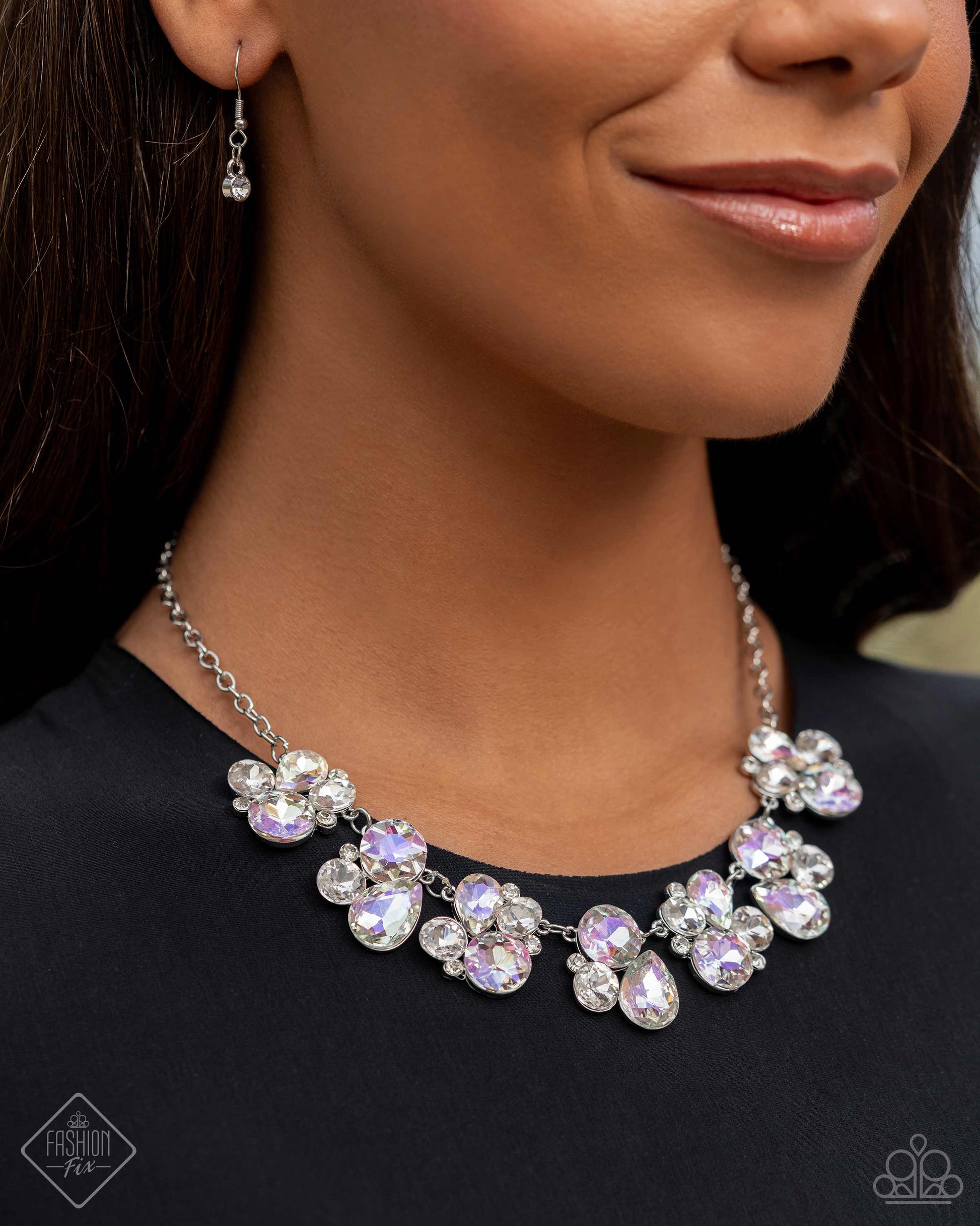 Fiercely 5th Avenue - Iridescent Jewelry Set - Paparazzi Accessories - Includes one of each accessory featured in the Fiercely 5th Avenue Trend Blend in April's Fashion Fix: Fairytale Frost - White Necklace, Fairytale Falls - White Post Earrings, Once Upon A TIARA - White​ Bracelet, and Her Royal Highness White Ring.