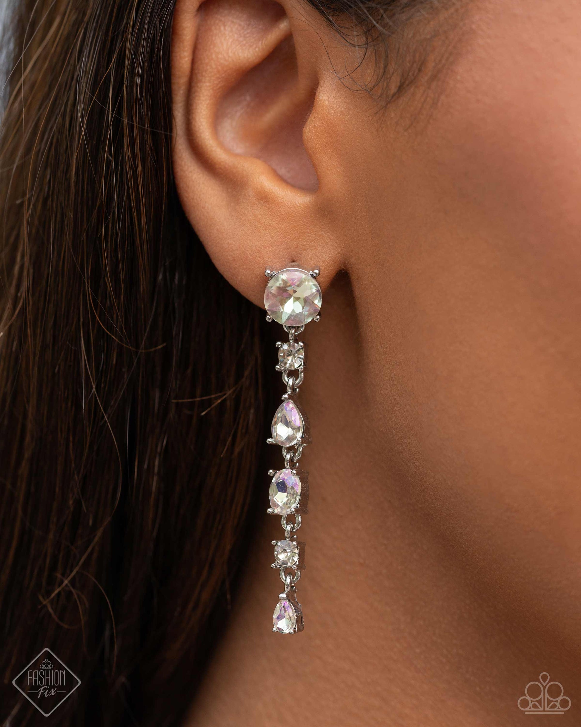 Fiercely 5th Avenue - Iridescent Jewelry Set - Paparazzi Accessories - Includes one of each accessory featured in the Fiercely 5th Avenue Trend Blend in April's Fashion Fix: Fairytale Frost - White Necklace, Fairytale Falls - White Post Earrings, Once Upon A TIARA - White​ Bracelet, and Her Royal Highness White Ring.