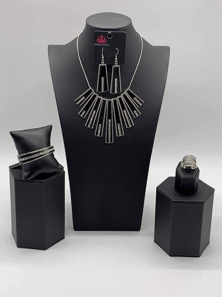 Fiercely 5th Avenue - Trend Blend 4 Piece Set - Black and Silver Jewelry Set Bejeweled Accessories By Kristie