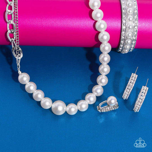 Fiercely Fifth Avenue - 4 Piece White Pearl and Silver Set - Paparazzi Accessories - Includes one of each accessory featured in the Fiercely 5th Avenue Trend Blend Set: My PEARL Necklace, Pearl Happy Earrings, About a PEARL - White​ Bracelet, and All American PEARL - White Ring.