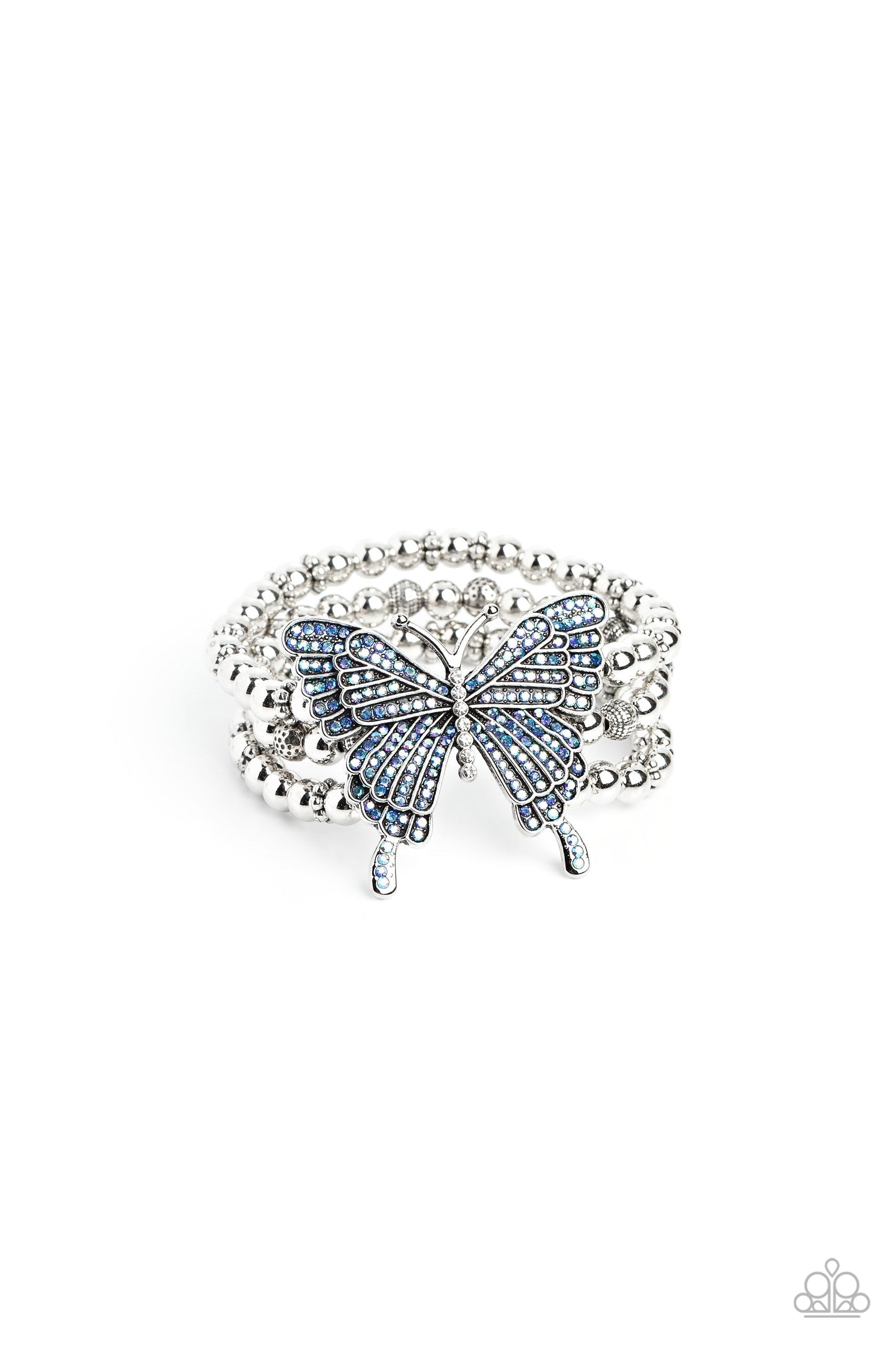 First WINGS First - Blue and Silver Butterfly Bracelet - Paparazzi Accessories - Strung along elastic stretchy bands, a trio of silver and textured silver beads and accents wrap around the wrist. Featured atop the beaded collection, an oversized silver butterfly, with intricate details, is sprinkled with dainty blue iridescent rhinestones across its wings and body, for a dramatically dazzling finish.
