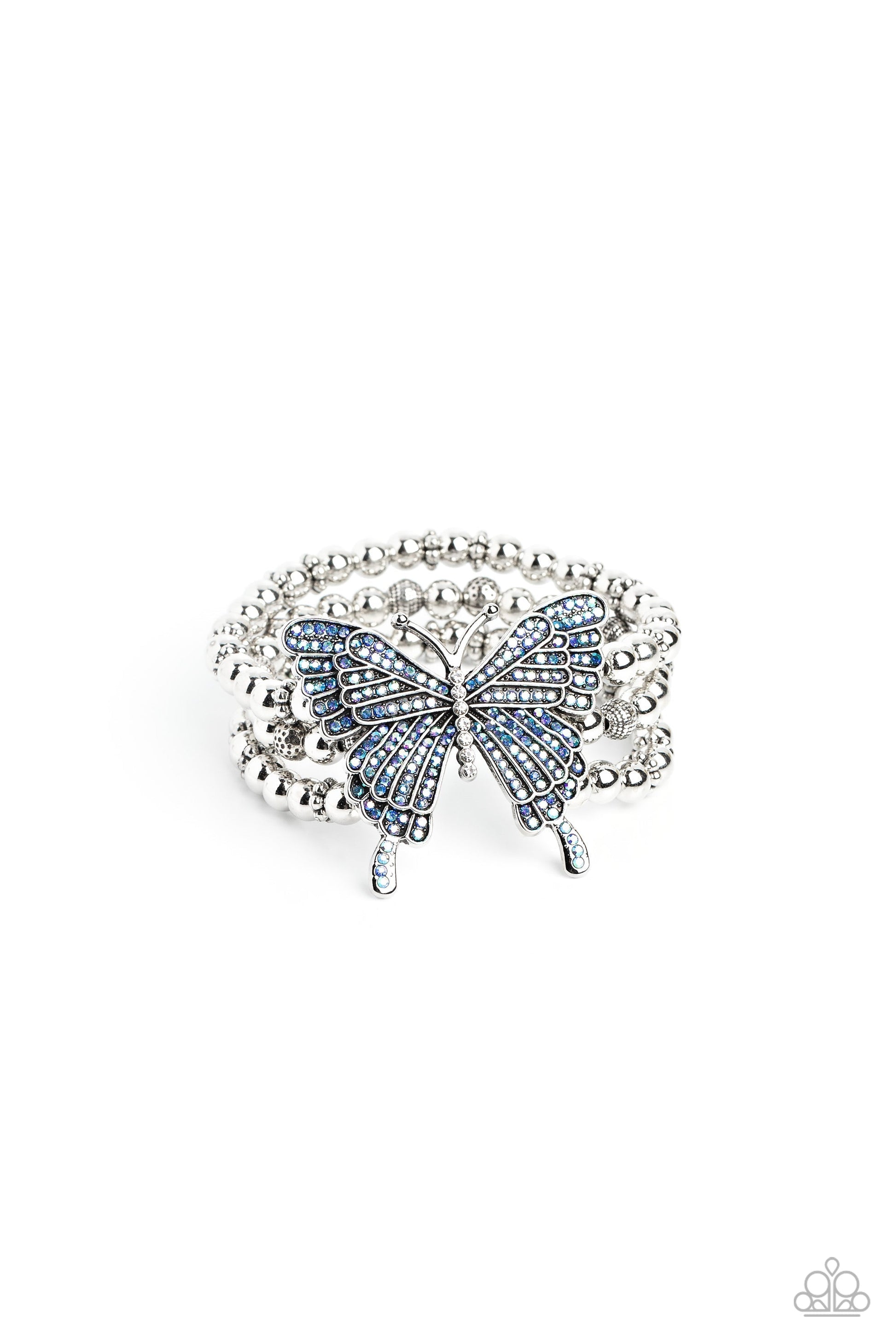 First WINGS First - Blue and Silver Butterfly Bracelet - Paparazzi Accessories - Strung along elastic stretchy bands, a trio of silver and textured silver beads and accents wrap around the wrist. Featured atop the beaded collection, an oversized silver butterfly, with intricate details, is sprinkled with dainty blue iridescent rhinestones across its wings and body, for a dramatically dazzling finish.