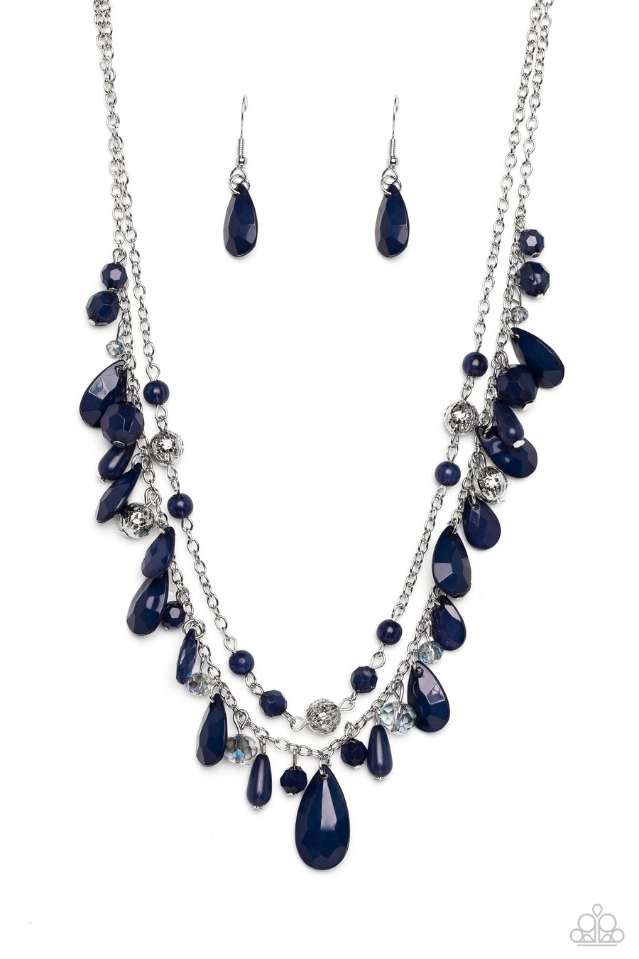 Flirty Flood - Blue and Silver Necklace - Paparazzi Accessories - A boisterous collection of blue teardrop and round beads, textured silver accents, and faceted blue crystal-like beads trickle from a double strand of silver chain, resulting in flirtatious layers down the neckline.