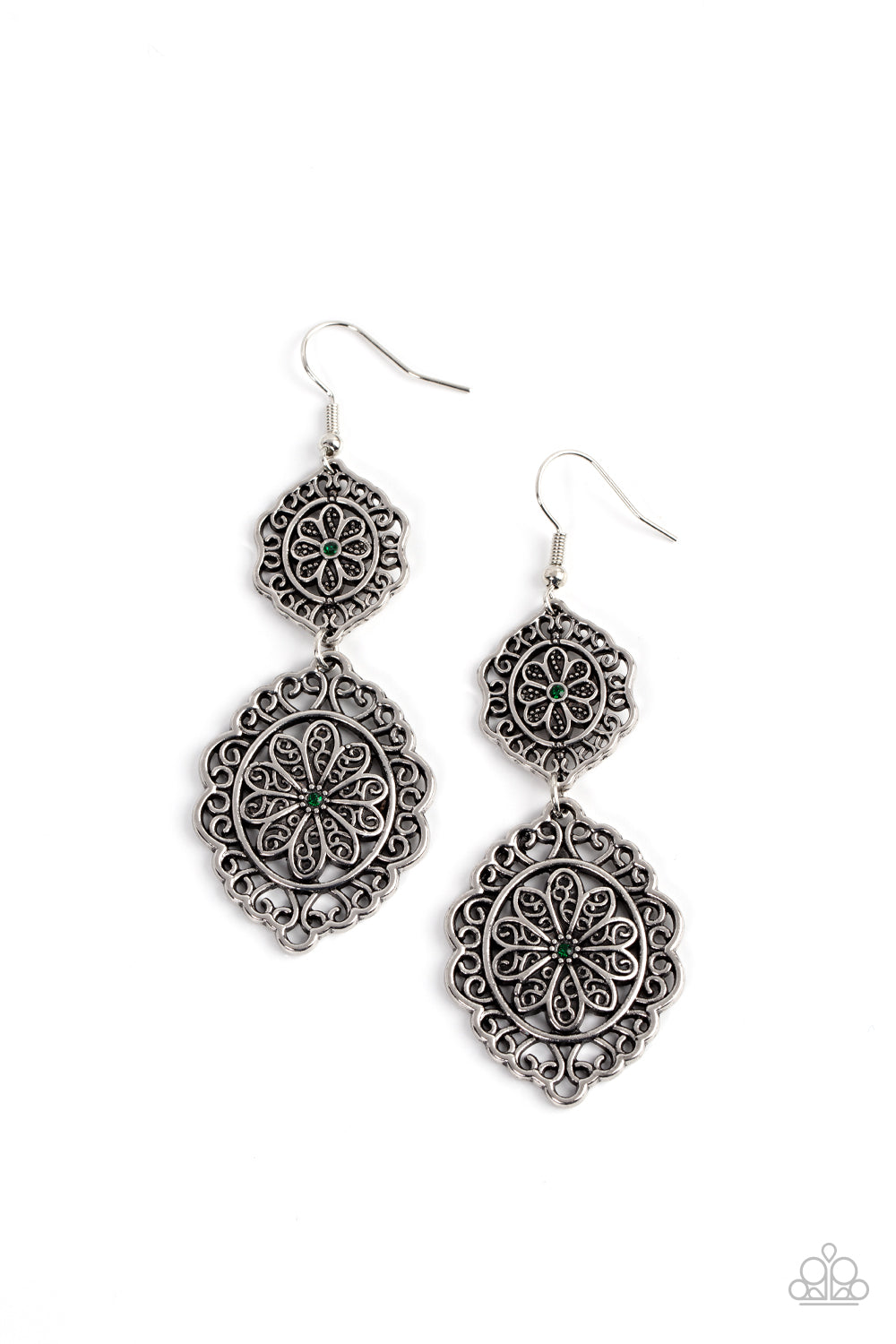 Floral Favorite - Green and Silver Earrings - Paparazzi Accessories - Dotted with dainty green rhinestone centers, a pair of filigree filled silver flowers bloom inside scalloped silver frames that delicately link into a whimsical floral lure.