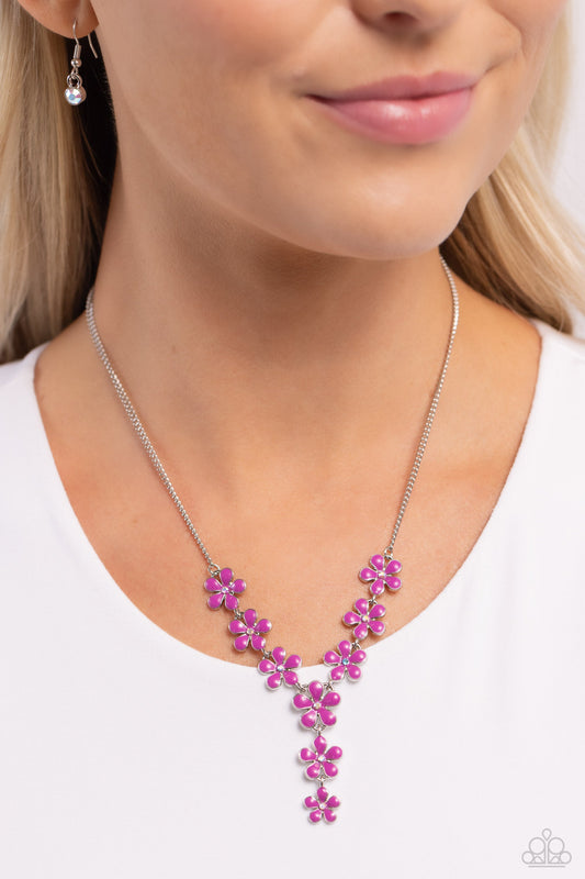 Flowering Feature - Pink and Silver Necklace - Paparazzi Accessories - Dotted with iridescent rhinestone centers, whimsical Rose Violet paint flowers delicately link into an extended pendant below the collar for an ethereal fashion.