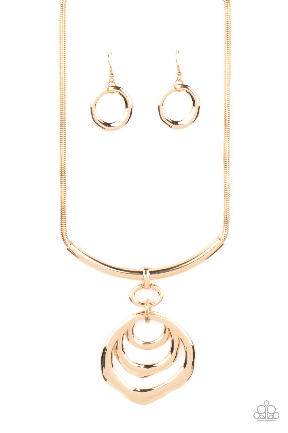 Forged in Fabulous - Gold Necklace - Paparazzi Accessories - Warped gold hoops glisten from the bottom of a bowing gold bar set in the center of a rounded gold snake chain, resulting in a contemporary centerpiece below the collar. Features an adjustable clasp closure.