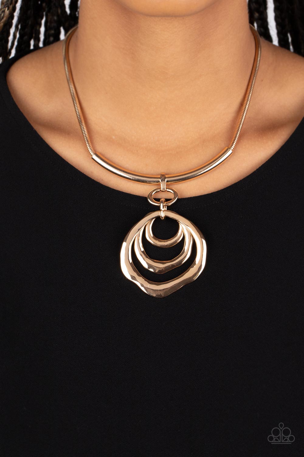 Forged in Fabulous - Gold Necklace - Paparazzi Accessories - Warped gold hoops glisten from the bottom of a bowing gold bar set in the center of a rounded gold snake chain, resulting in a contemporary centerpiece below the collar. Features an adjustable clasp closure.
