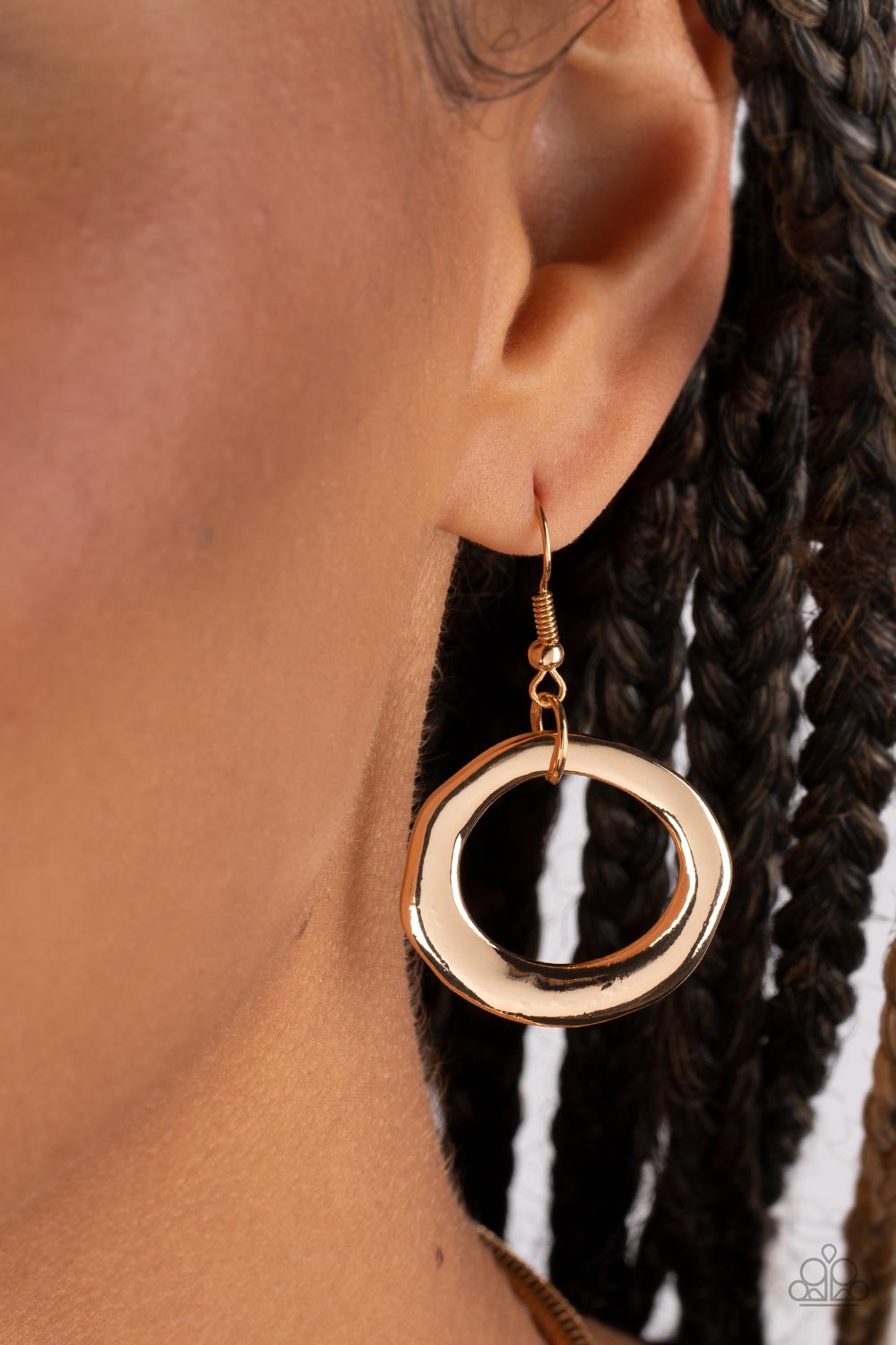 Forged in Fabulous - Gold Necklace - Paparazzi Accessories - Warped gold hoops glisten from the bottom of a bowing gold bar set in the center of a rounded gold snake chain, resulting in a contemporary centerpiece below the collar. Features an adjustable clasp closure.