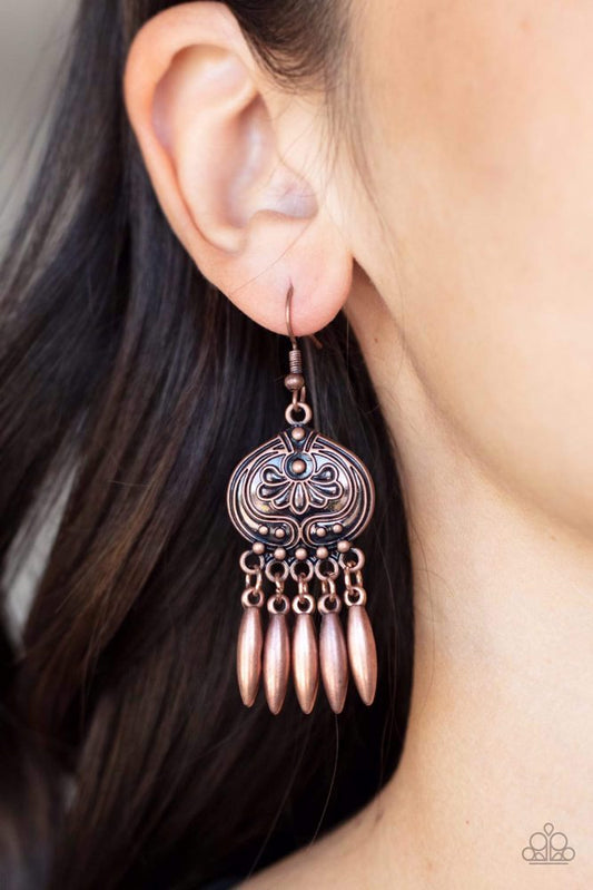 Future, PASTURE, and Present - Copper Earrings - Paparazzi Accessories - Embossed in a rustic floral pattern, a round studded copper frame gives way to a fringe of oblong copper beads for a noise-making finish.