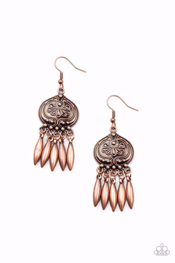 Future, PASTURE, and Present - Copper Earrings - Paparazzi Accessories - Embossed in a rustic floral pattern, a round studded copper frame gives way to a fringe of oblong copper beads for a noise-making finish.