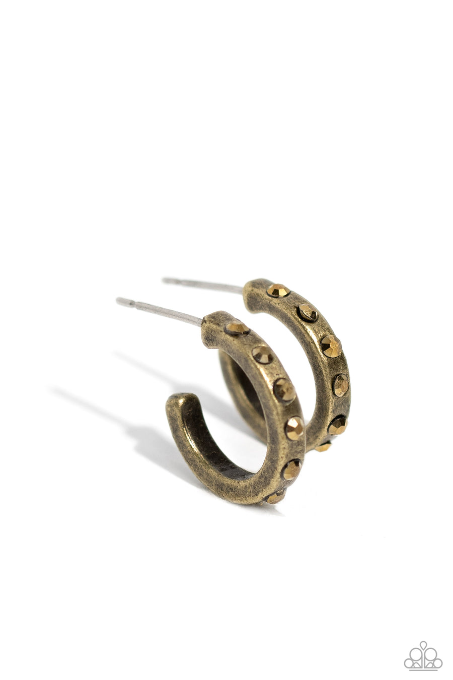 Gallant Glitz - Brass Earrings - Paparazzi Accessories - The front edge of an antiqued brass hoop is decorated in a sparkly collection of tiny aurum rhinestones for a gritty finish. Earring attaches to a standard post fitting. Hoop measures approximately 1/2" in diameter. Sold as one pair of hoop earrings.