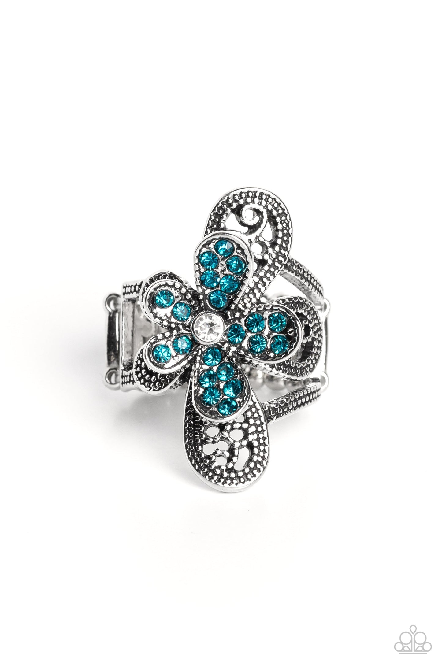 Garden Escapade - Blue Ring - Paparazzi Accessories - Dotted with a dainty white rhinestone center, silver petals overlaid with glittery blue rhinestones, sit atop studded silver filigree petals, creating a frilly floral centerpiece atop the finger.
