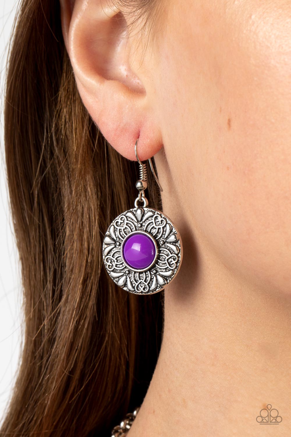 Garden Glade - Purple and Silver Necklace - Paparazzi Accessories - Dotted with Dahlia beaded centers, floral embossed silver discs gradually increase in size as they link below the collar for a flowery pop of color necklace.