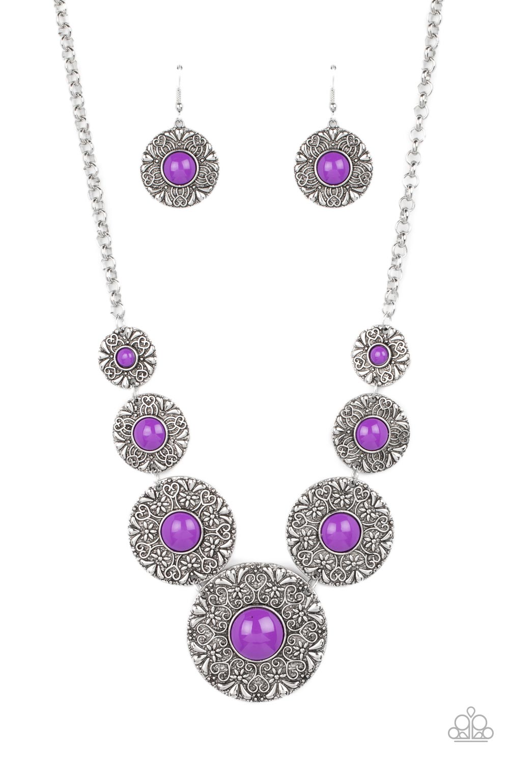 Garden Glade - Purple and Silver Necklace - Paparazzi Accessories - Dotted with Dahlia beaded centers, floral embossed silver discs gradually increase in size as they link below the collar for a flowery pop of color necklace.