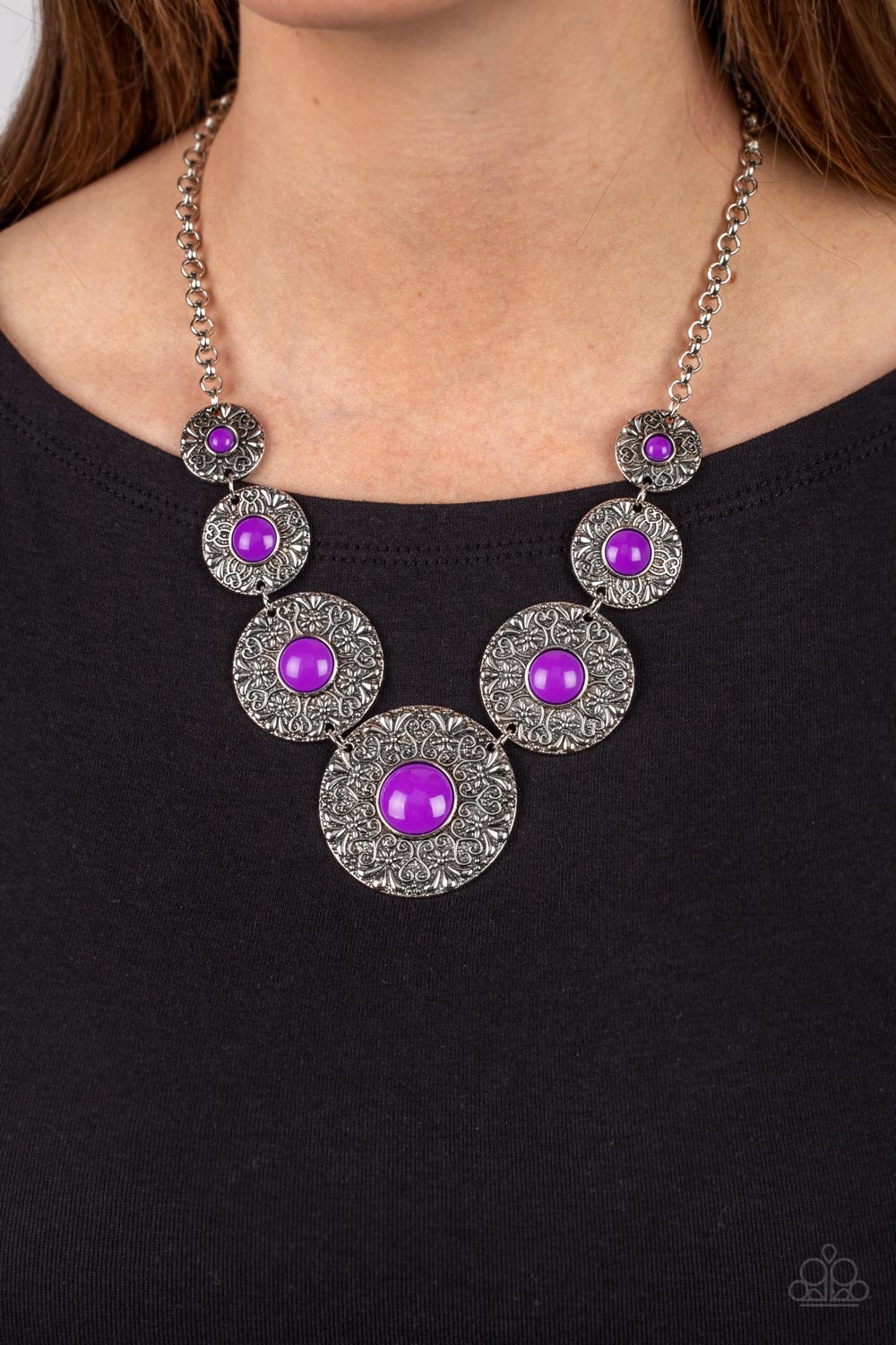 Garden Glade - Purple and Silver Necklace - Paparazzi Accessories - Dotted with Dahlia beaded centers, floral embossed silver discs gradually increase in size as they link below the collar for a flowery pop of color necklace.