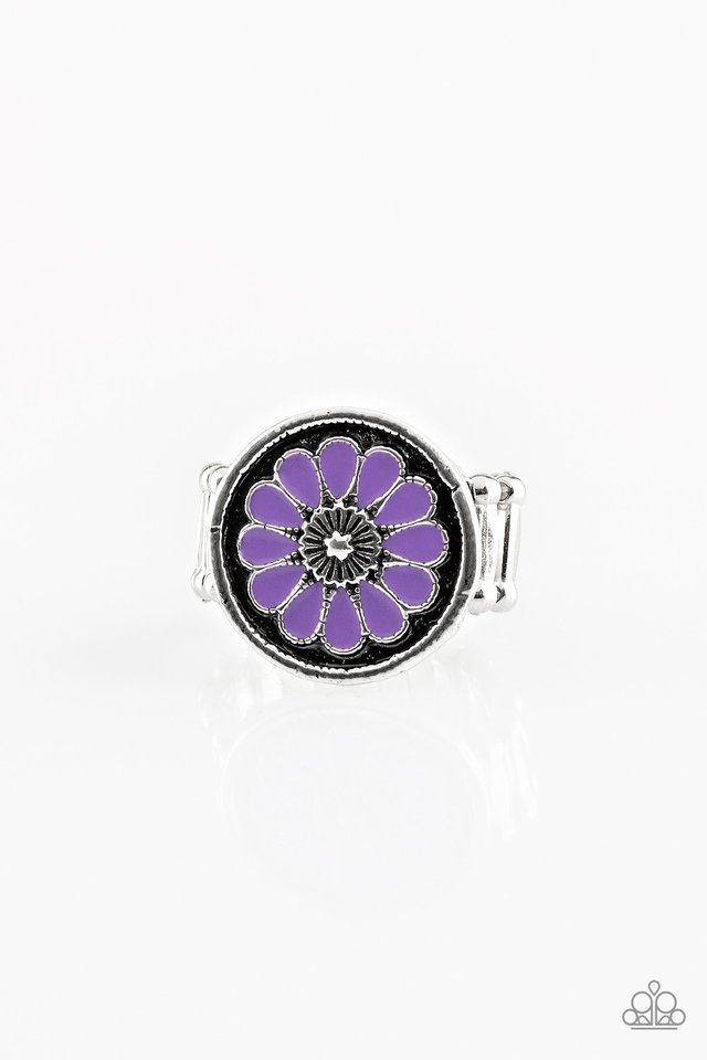 Garden View - Purple Ring - Paparazzi Accessories - Brushed in an antiqued shimmer, vivacious purple petals spin into a whimsical floral pattern atop the finger. Features a stretchy band for a flexible fit. Sold as one individual ring.