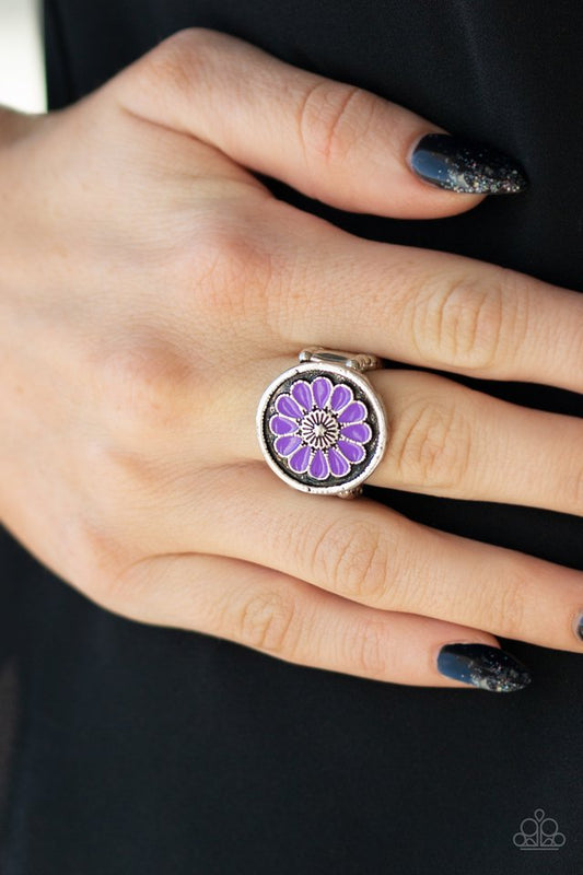 Garden View - Purple Ring - Paparazzi Accessories - Brushed in an antiqued shimmer, vivacious purple petals spin into a whimsical floral pattern atop the finger. Features a stretchy band for a flexible fit. Sold as one individual ring. 