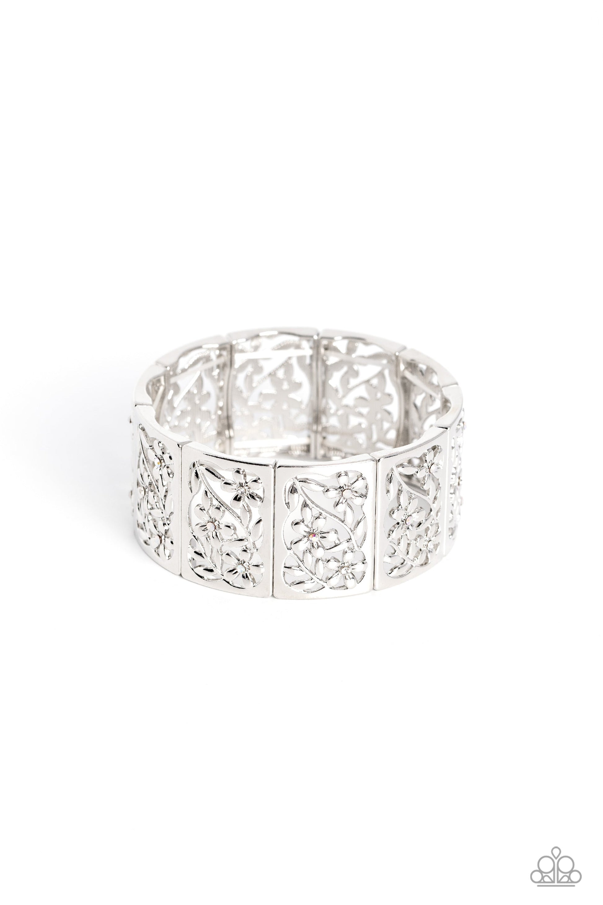 Garden Walls - White Iridescent and Silver Bracelet - Paparazzi Accessories - Sleek silver frames, filled with whimsical leafy floral filigree and opalescent, white, and iridescent rhinestones, stack around the wrist on an elastic stretchy band for a dainty handcrafted statement.