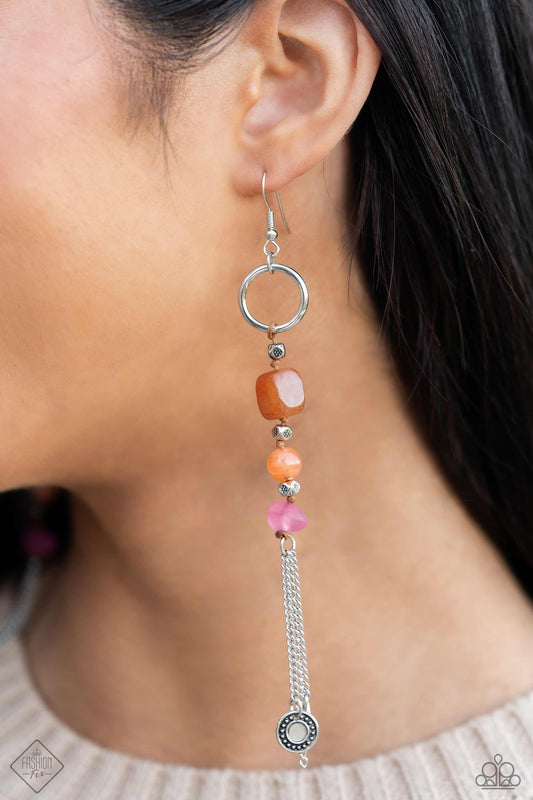 Gardening Gesture - Orange and Silver Earrings - Alternating between an abstract orange stone, glassy orange bead, and pink matte bead, geometric, floral-studded silver beads are threaded onto a brown string that is knotted at the bottom of a shimmery silver hoop. Another faceted floral-studded bead and stud-accented silver disc delicately stream from a trio of silver chains in varying lengths at the bottom of the design, creating an eye-catching, earthy fringe.