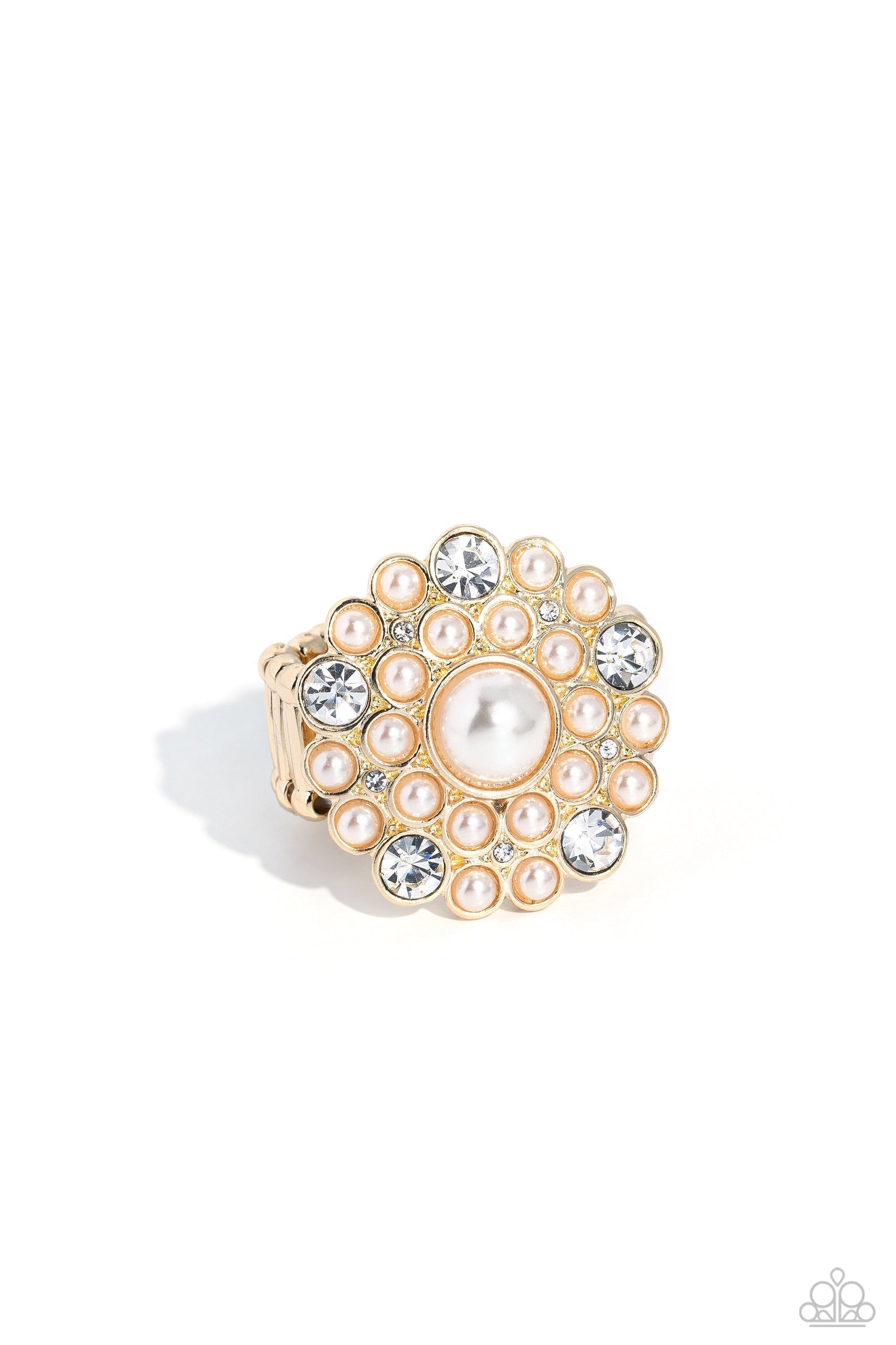 Gatsby Gait - Gold Pearl Ring - Paparazzi Accessories - An explosion of white gems and dainty glossy white pearls encircle a larger white pearl center, creating a glamorous gold centerpiece atop the finger.