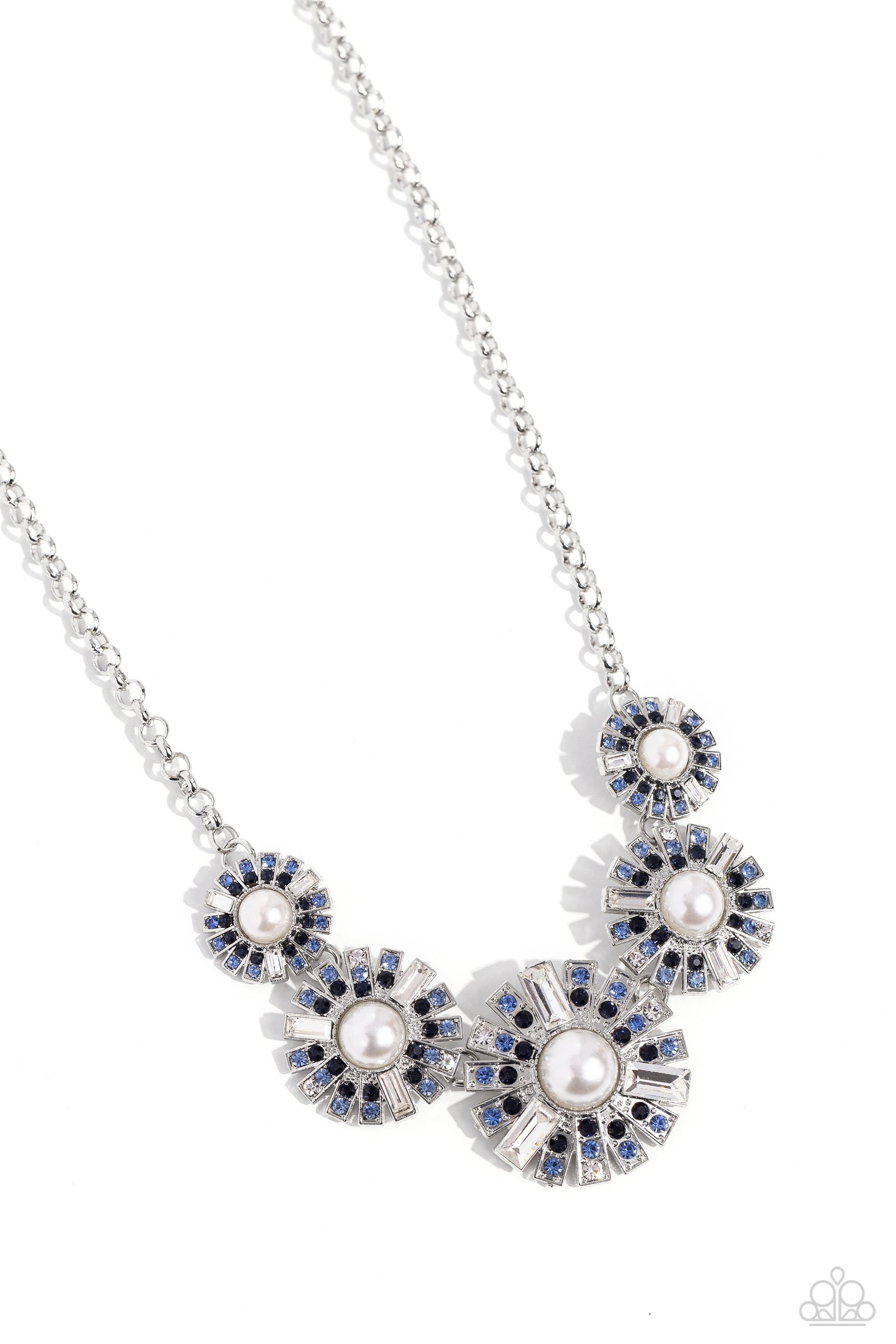 Gatsby Gallery - Blue and White Pearl Necklace - Sleek metal bars flare out from a mesmerizing pearl center, creating a blue and white stacked rhinestone-encrusted fringe of fanning frames. A trio of emerald-cut white gem bars are sprinkled across each dazzling display for a sassy finish.