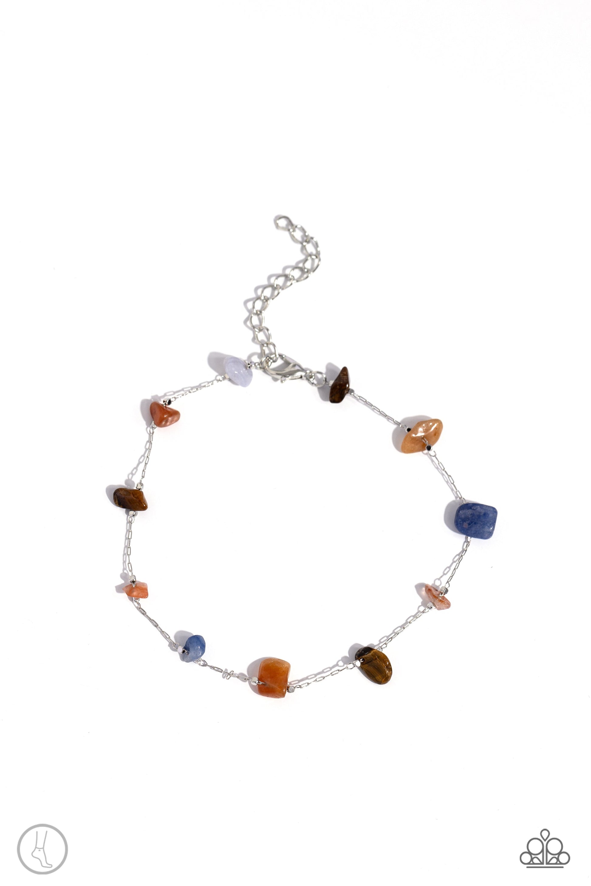Gemstone Grace - Multi Color Anklet - Paparazzi Accessories - Infused along a silver chain, chiseled multicolored and tiger's eye stones wrap around the ankle for a simply stony statement.