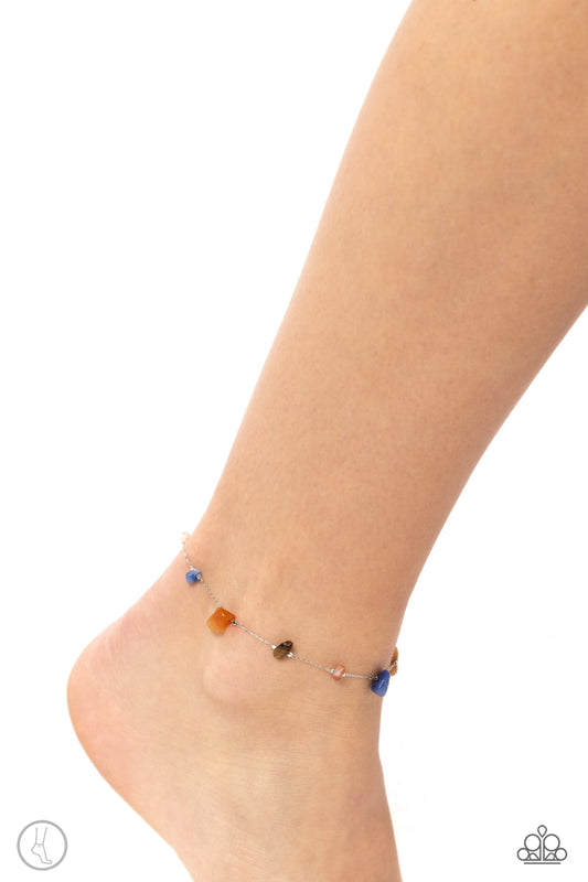 Gemstone Grace - Multi Color Anklet - Paparazzi Accessories - Infused along a silver chain, chiseled multicolored and tiger's eye stones wrap around the ankle for a simply stony statement.