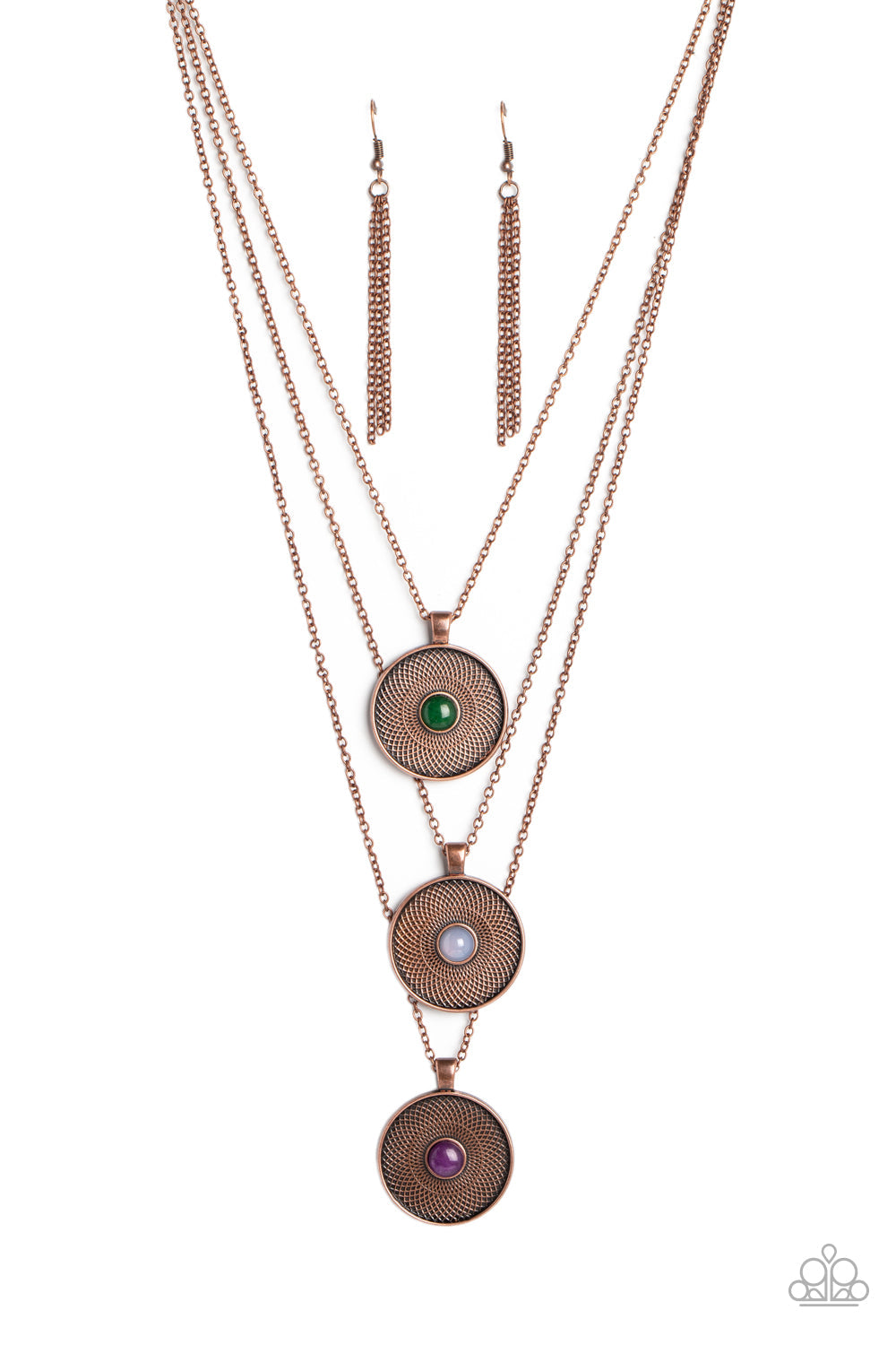 Geographic Grace - Copper Necklace - Paparazzi Accessories - Stamped with a floral motif, oversized copper pendants trickle from three layered chains below the neckline for a casual style. Featured in the center of each disc, a jade, opal white, and amethyst stone create a pop of color against the textured backdrop.