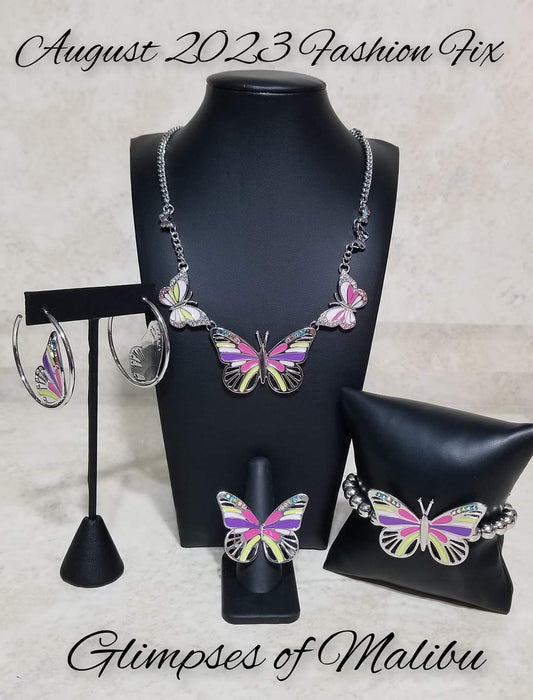 Glimpses of Malibu - Butterfly Complete Trend Blend Jewelry Set - Includes one of each accessory featured in the Glimpses of Malibu Butterfly Trend Blend Fashion Fix Set: The FLIGHT Direction - Multi Necklace, The FLIGHT of the Century - Multi Hoop Earrings, Can't FLIGHT This Feeling - Multi Bracelet, and Do the FLIGHT Thing - Multi Ring.