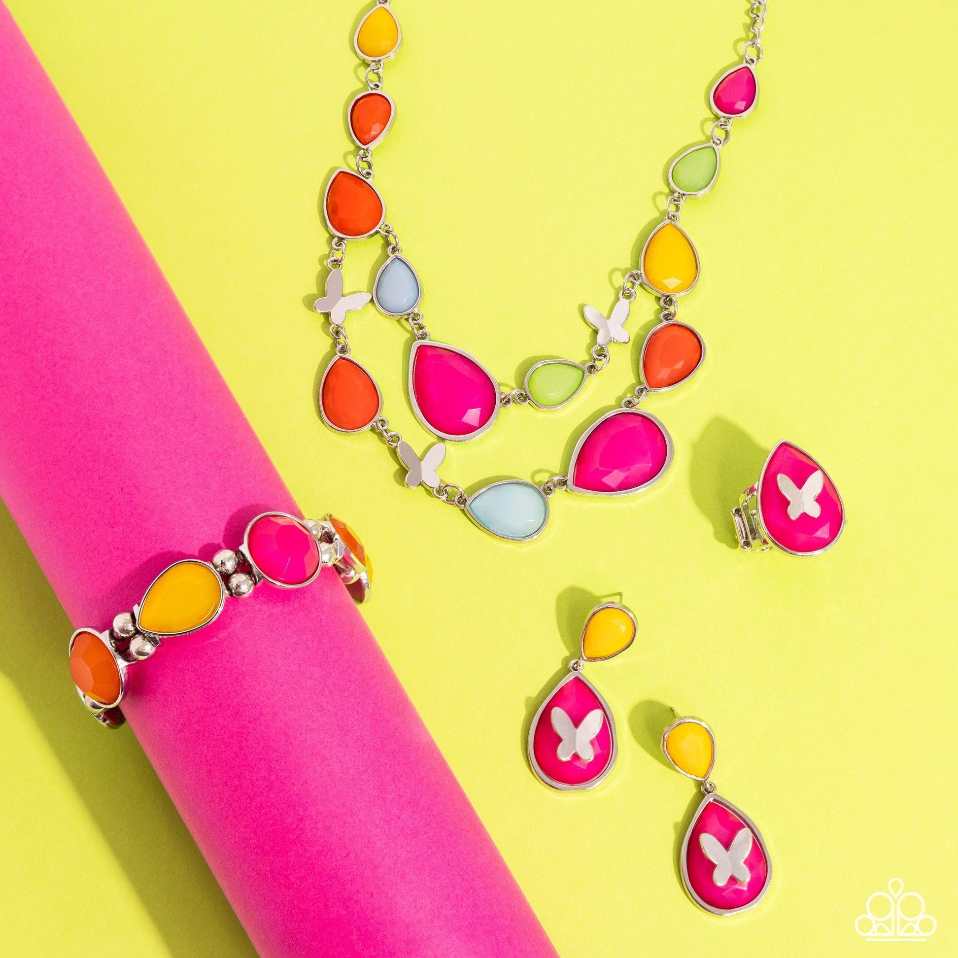 Glimpses of Malibu - Colorful Jewelry Set - Paparazzi Accessories - Includes one of each accessory featured in the Glimpses of Malibu Trend Blend in January's Fashion Fix:  BRIGHT Club - Multi Necklace, BRIGHT This 'Sway' - Multi Post Earrings, In All the BRIGHT Places - Multi Bracelet,  In Plain BRIGHT - Pink Ring.