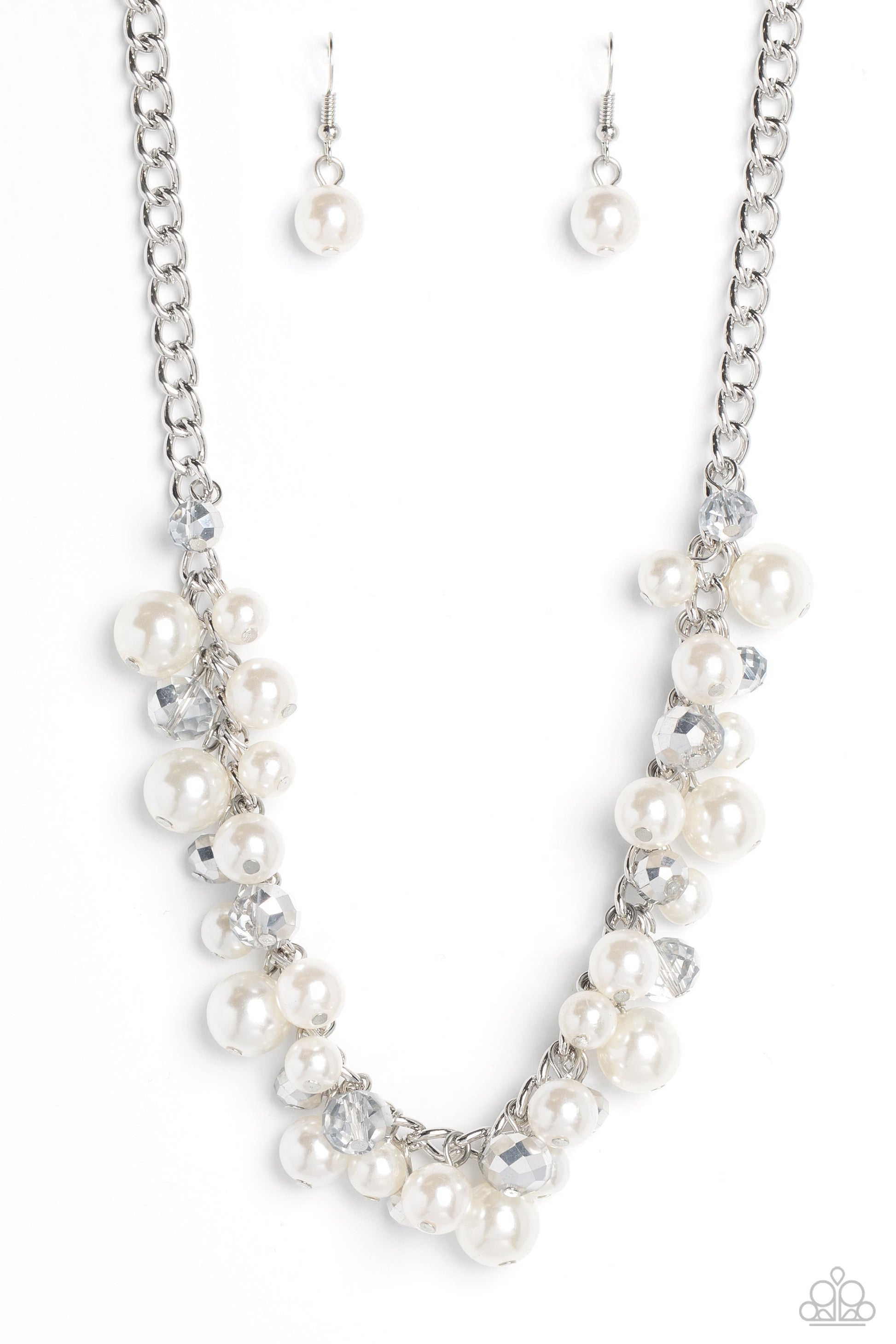 Glinting Goddess - White Pearl and Silver Necklace - Paparazzi Accessories - A faceted collection of glassy, silver crystal-like beads and classic white pearls in varying sizes flickers and flashes below the collar on a thick silver curb chain for a refined shimmer.