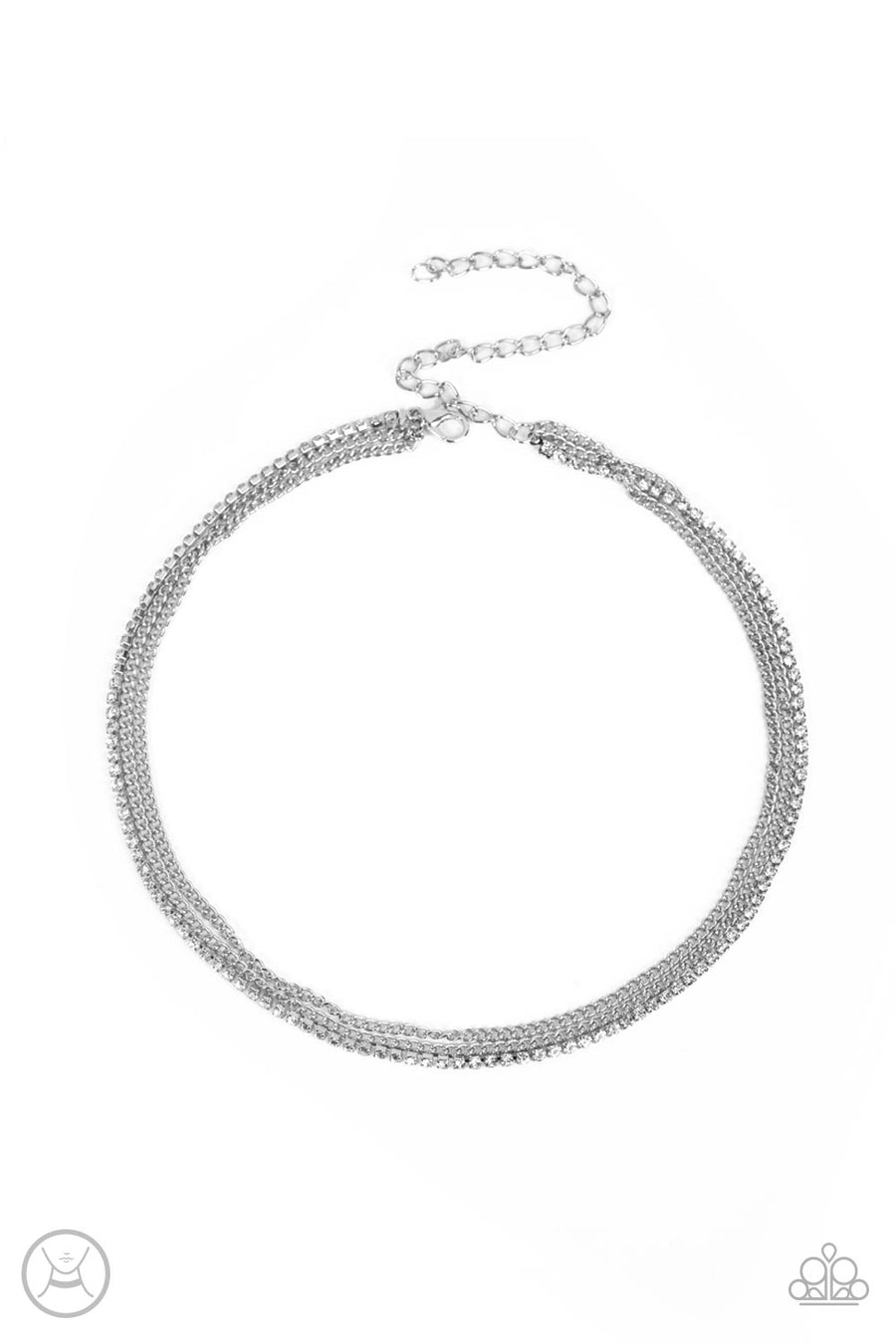 Glitzy Gusto - White and Silver Necklace - Paparazzi Accessories - Two glistening silver chains and a single strand of dainty white rhinestones effortlessly layer around the neck, resulting in a radiant necklace.