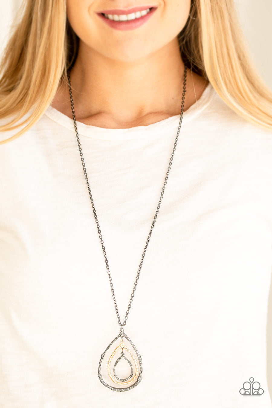 Going for Grit - Black and Gold Necklace - Paparazzi Accessories - Brushed in an antiqued shimmer, delicately hammered copper, gold, and gunmetal teardrop silhouettes swing from the bottom of a lengthened gunmetal chain for a rustic look.