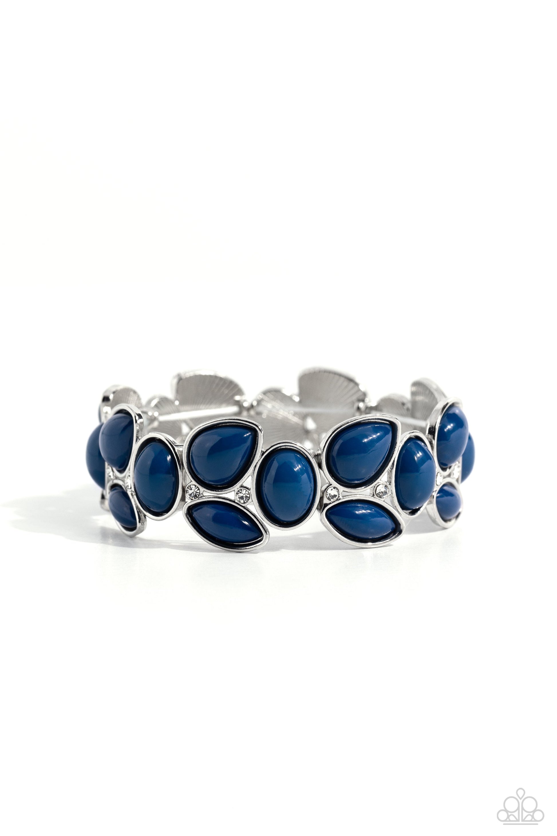 Gondola Groves - Blue and Silver Bracelet - Paparazzi Accessories - Glassy white rhinestones are sprinkled between bubbly clusters of Mykonos Blue oval, teardrop, and marquise shaped beads that are threaded along stretchy bands around the wrist for a colorfully leafy finish. Sold as one individual bracelet.
