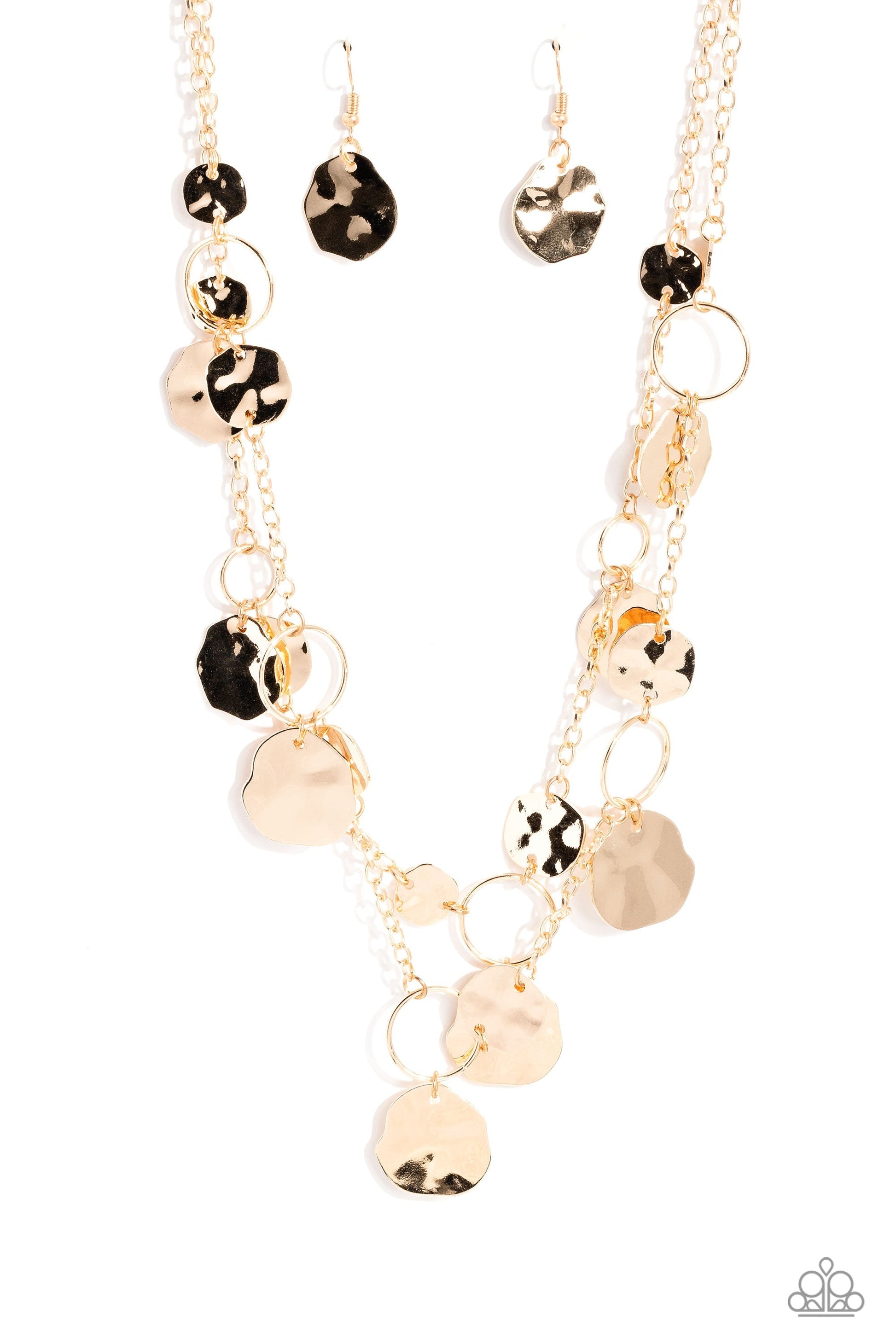 Hammered Horizons - Gold Necklace - Paparazzi Accessories - Infused along a double-stranded gold chain, smooth gold hoops and abstract, hammered gold discs fall down the neckline for an edgy, boisterous display.