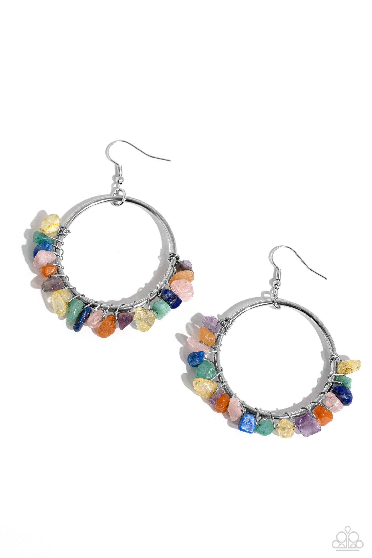 Handcrafted Habitat - Multi Color Earrings - Paparazzi Accessories - A colorful collection of chiseled jade, amethyst, lapis, turquoise, rose quartz, and other multicolored stones are wrapped along the bottom of a shiny, silver hoop by shimmery silver wire for a handcrafted, earthy finish.