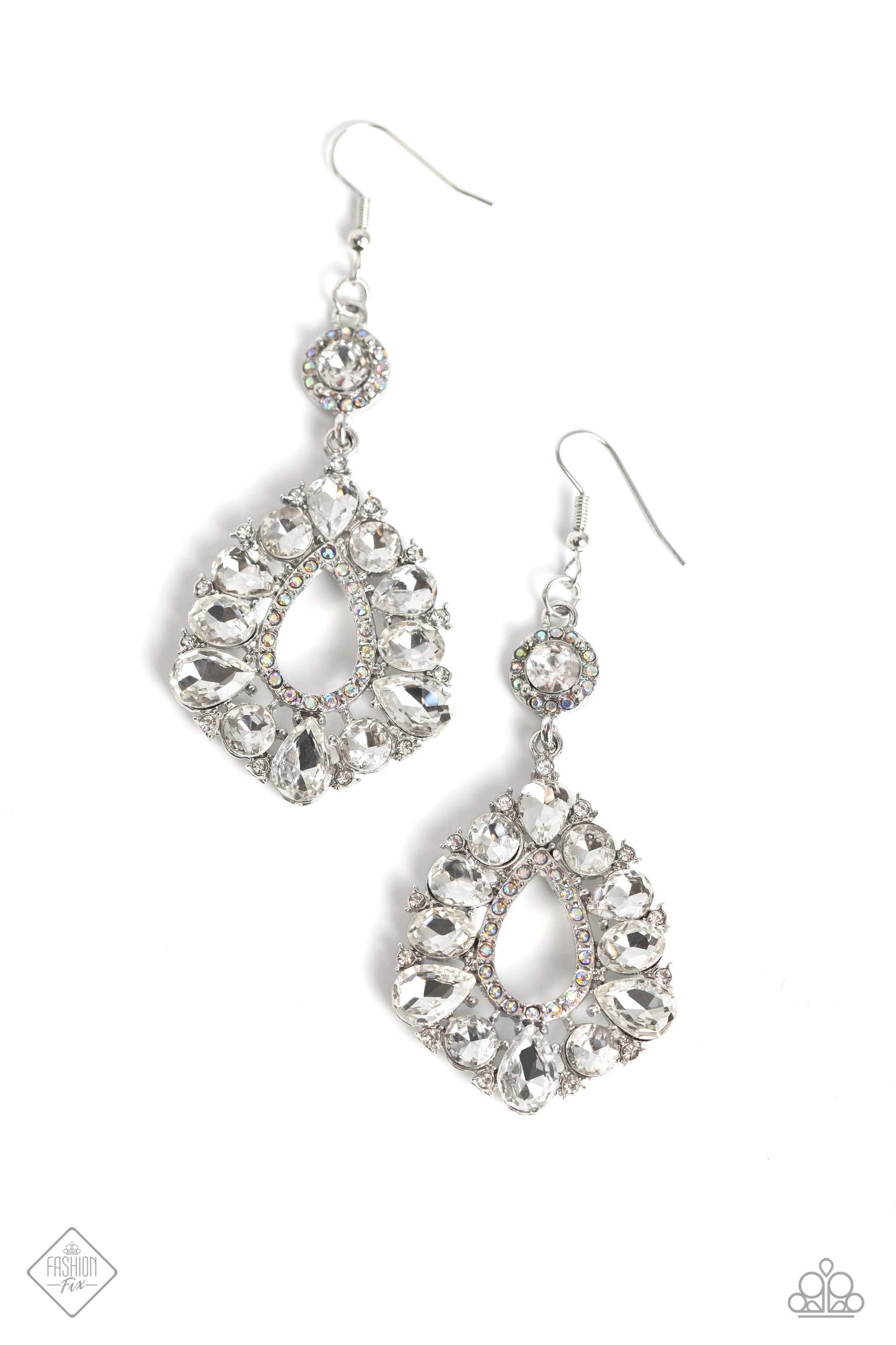 Happily Ever Exquisite - White and Silver Earrings - Paparazzi Accessories - Dotted with dainty iridescent rhinestones and encircled in a border of white teardrop and round gems, an enchanting teardrop frame swings from the bottom of a smaller round frame, featuring a white gem center and the same shimmery iridescent rhinestone border, creating a whimsically stacked lure.