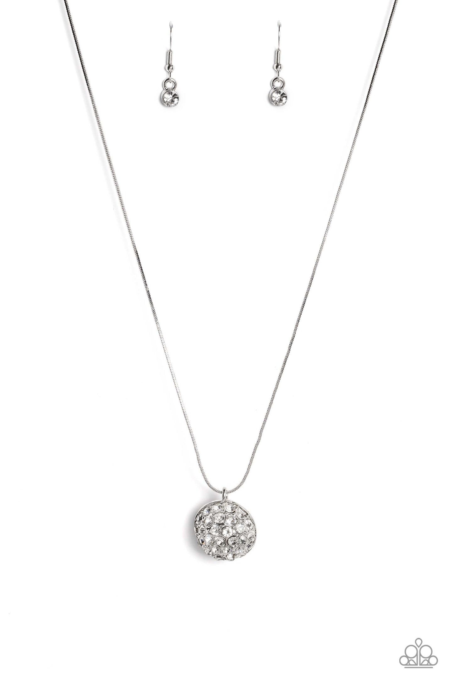 Haute Hybrid - White Pearl and Silver Necklace - Paparazzi Accessories - Cascading from a shiny silver snake chain, a sparkly white rhinestone-encrusted ornament and a classic white pearl meet to create a half-and-half refined pendant.