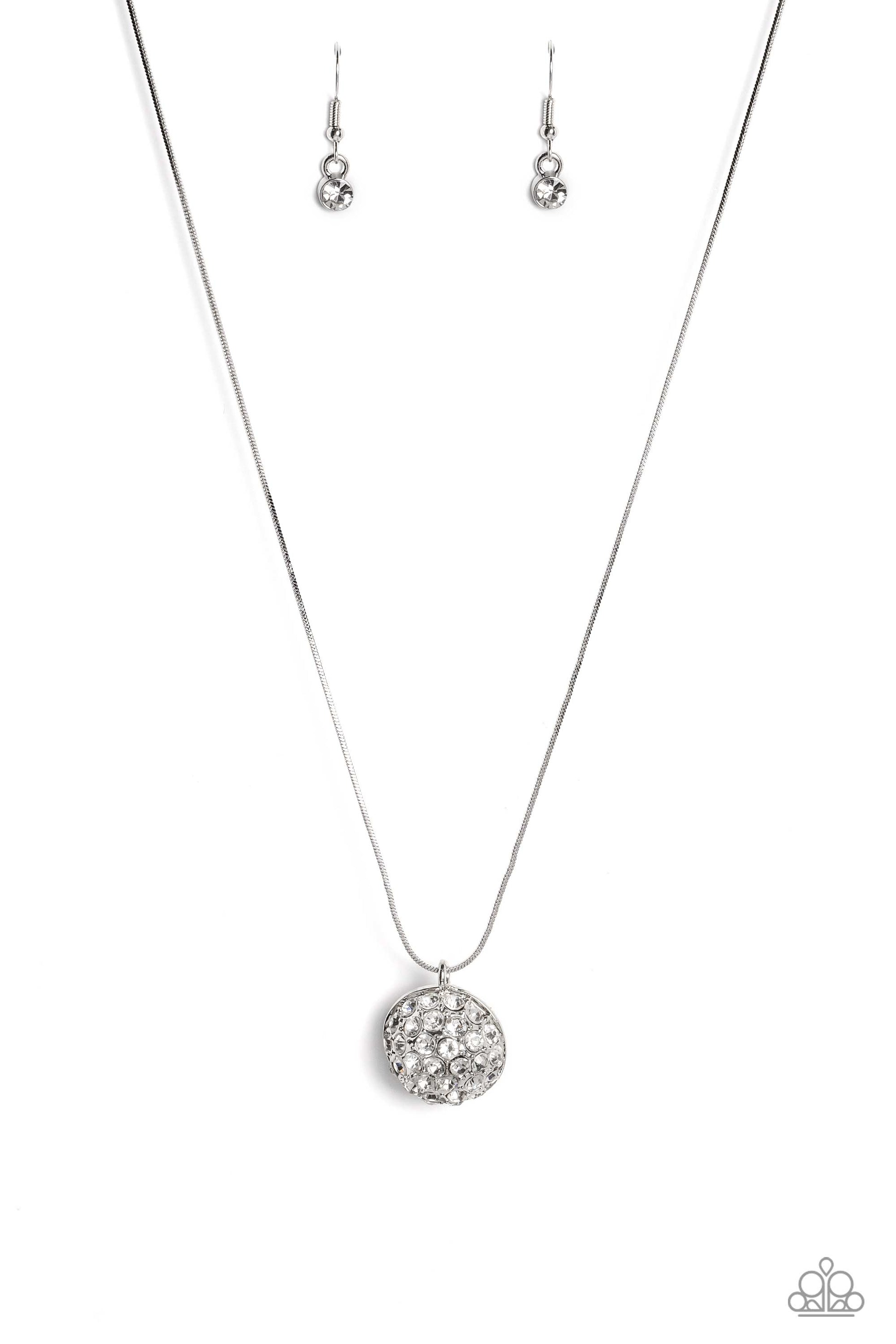 Haute Hybrid - White Pearl and Silver Necklace - Paparazzi Accessories - Cascading from a shiny silver snake chain, a sparkly white rhinestone-encrusted ornament and a classic white pearl meet to create a half-and-half refined pendant.