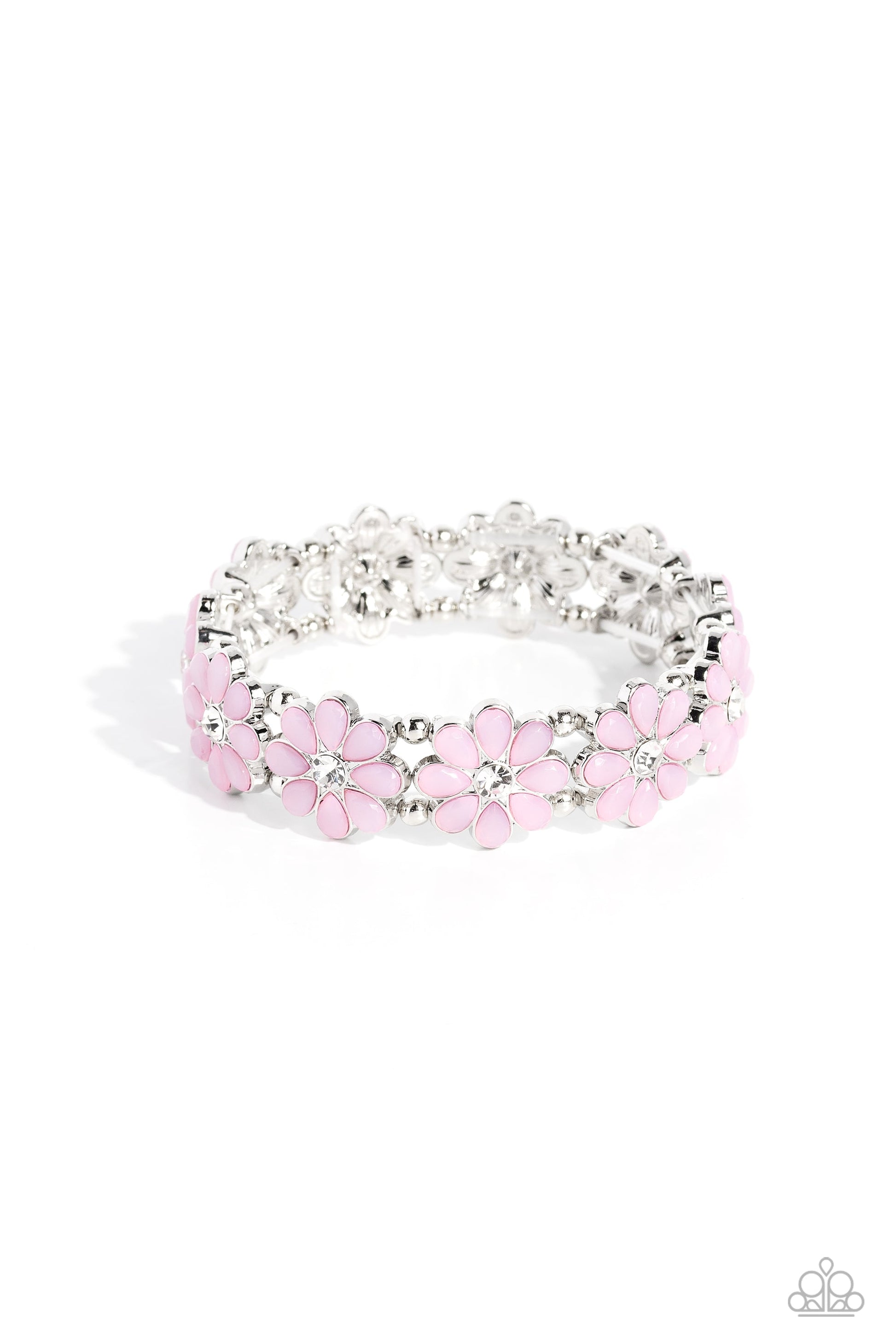 Hawaiian Holiday - Pink Flower Bracelet - Paparazzi Accessories - A collection of baby pink petals blooms from the center of a white crystal-like gem, creating a sparkling floral arrangement across the wrist. Separating each flower, silver beads are added along elastic bands for a high-sheen finish.