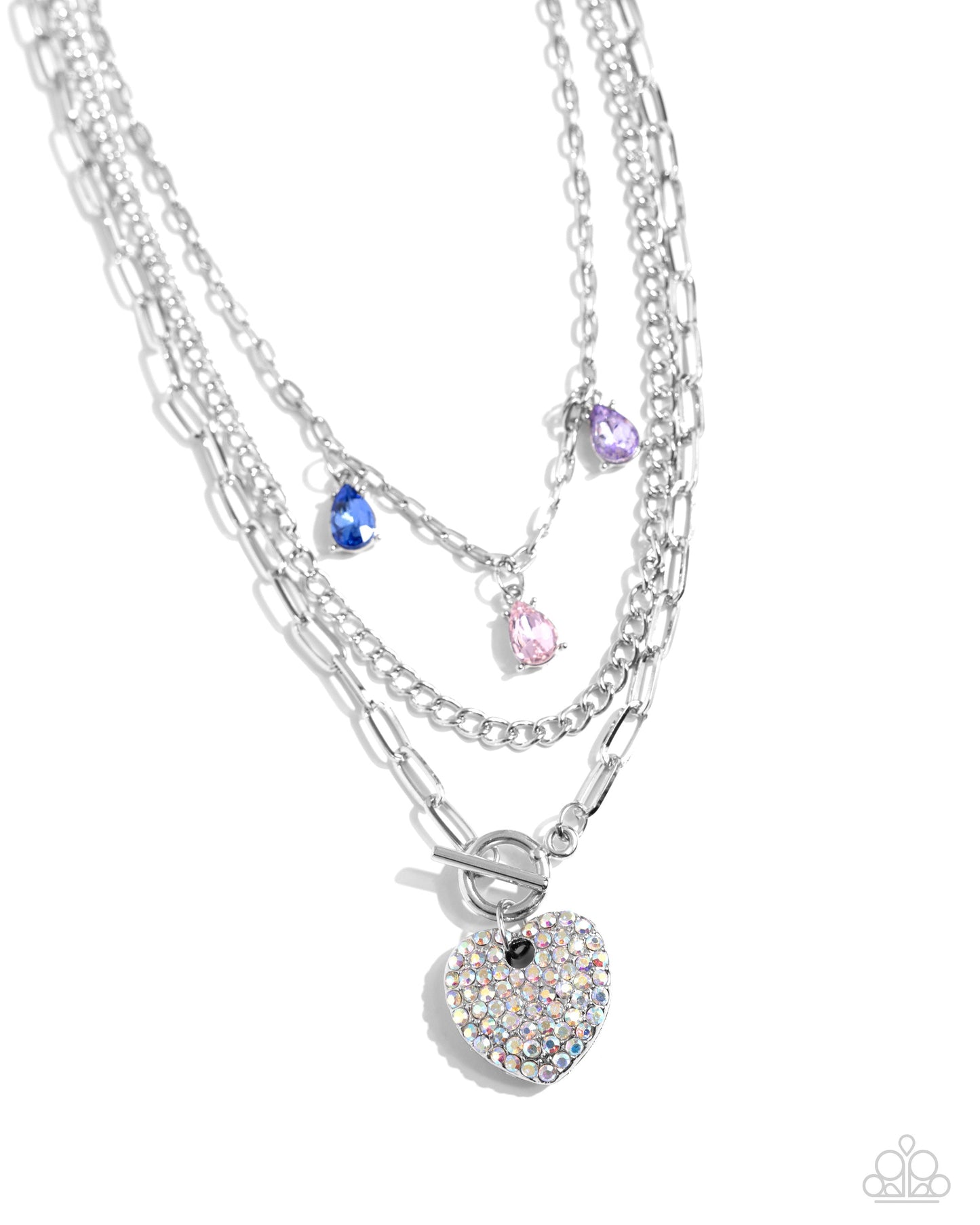 HEART History - Multi Color Iridescent Necklace - Paparazzi Accessories - Three mismatched silver chains layer and loop around the neckline. A purple, light pink, and blue teardrop gem in silver-pronged fittings dangle from the uppermost chain while an iridescent-rhinestone encrusted heart pendant loops through the lowermost chain for a radiantly, romantic statement. Features an adjustable clasp closure.