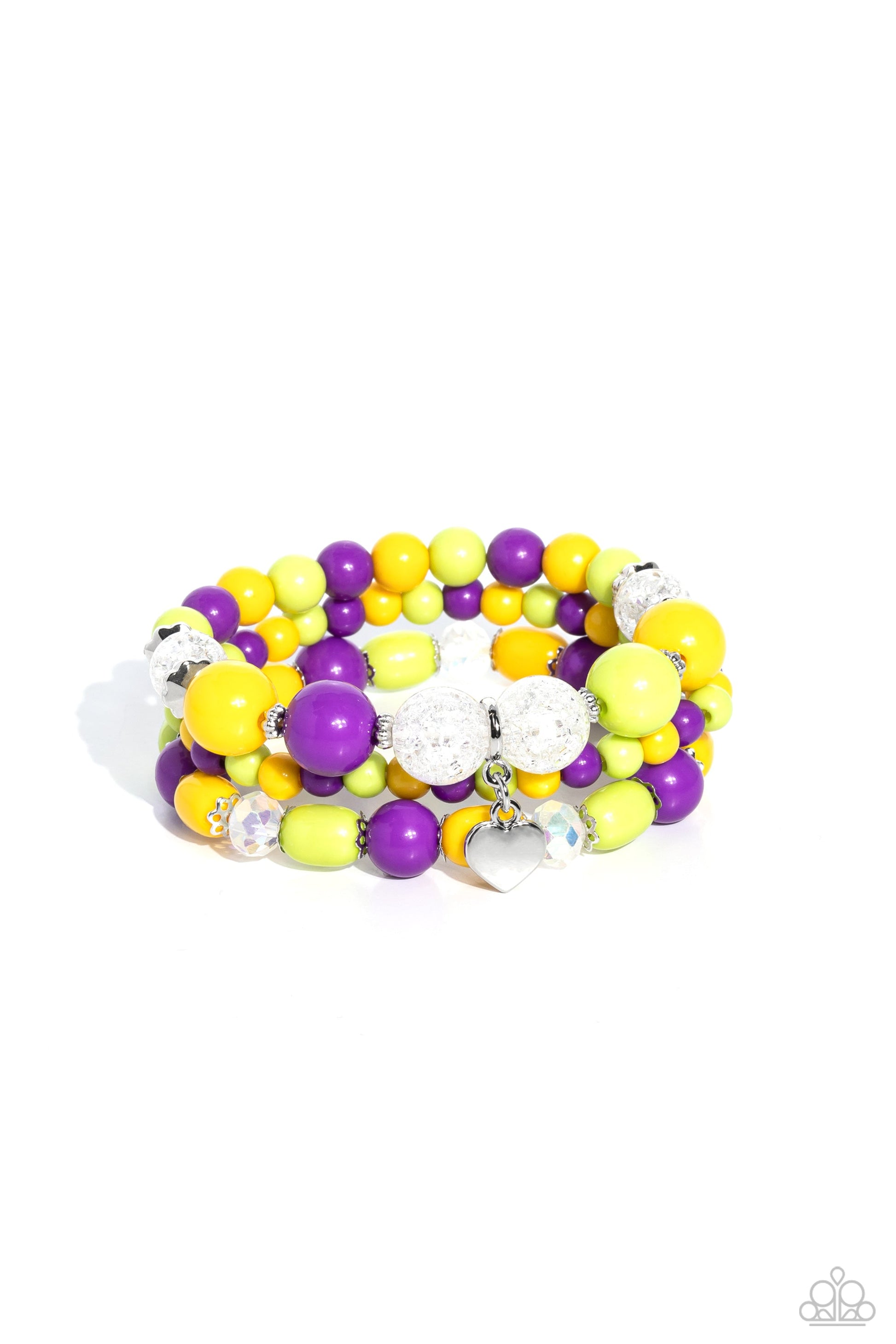 Heartfelt Haven - Multi Color Bracelet - Paparazzi Accessories - Love Bird, Empire Yellow, and purple beads, silver studs and accents, clear beads that have a shattered interior, and faceted beads with a reflective finish wrap around the wrist on elastic stretchy bands for a whimsical stack. Featured on one of the bracelets, a dainty silver heart pendant dangles for a heartfelt finish to the colorful design. Sold as one set of three bracelets.