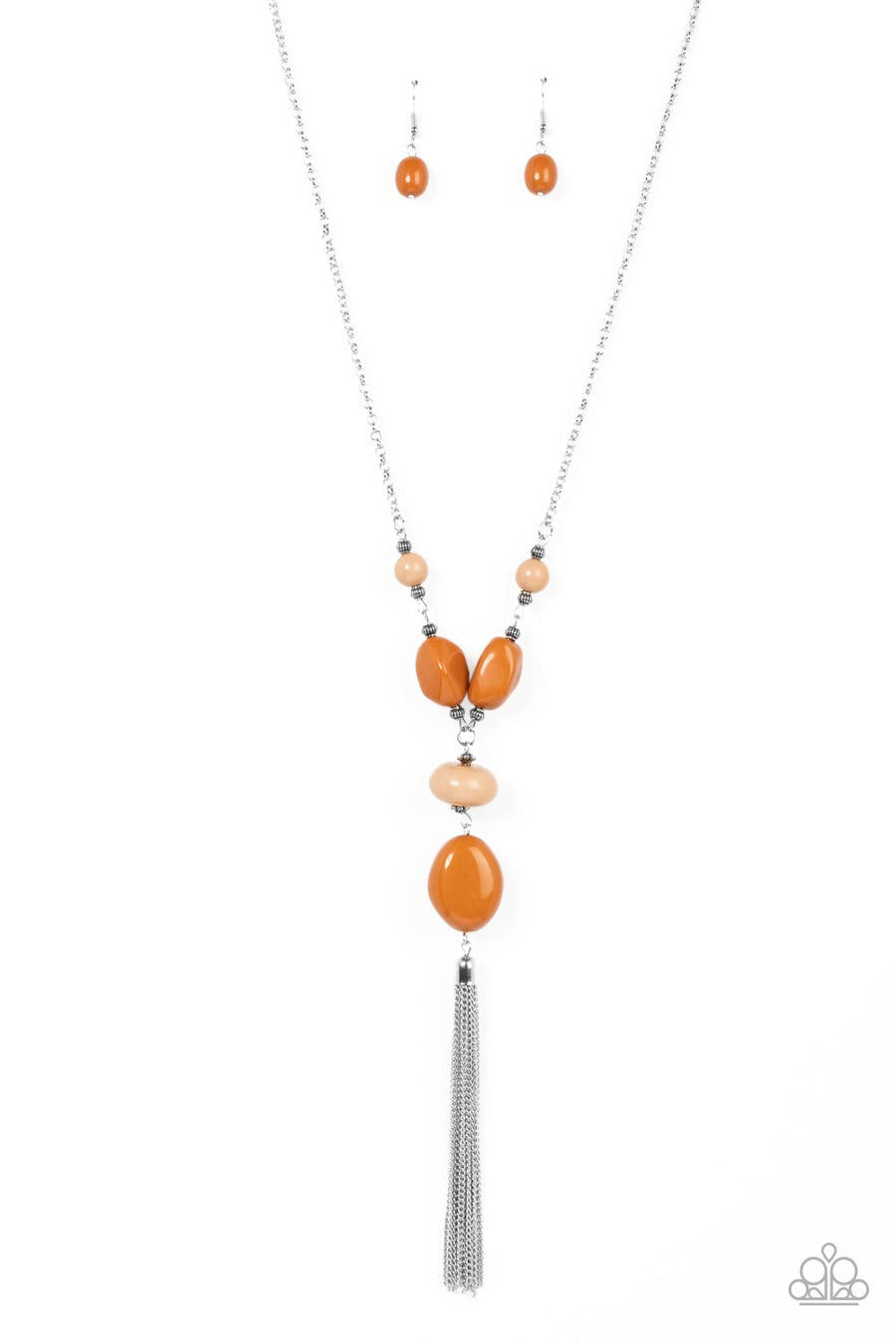 Heavenly Harmony - Brown and Silver Necklace - Paparazzi Accessories - Featuring faceted, rounded, and asymmetrical shapes, a mismatched collection of Adobe and Soybean acrylic beads alternates with textured silver beads along an extended silver chain. A shimmery silver chain tassel swings from the bottom of the colorful compilation for a whimsical finish. Features an adjustable clasp closure. Sold as one individual necklace.