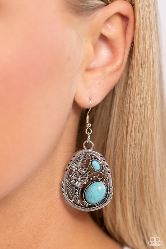 Hibiscus Harvest - Blue Turquoise Earrings - Paparazzi Accessories - A silver hibiscus flower blooms atop a pair of palm leaves that gently curls around turquoise stone accents inside an asymmetrical silver frame, resulting in a tropical inspired fashion.